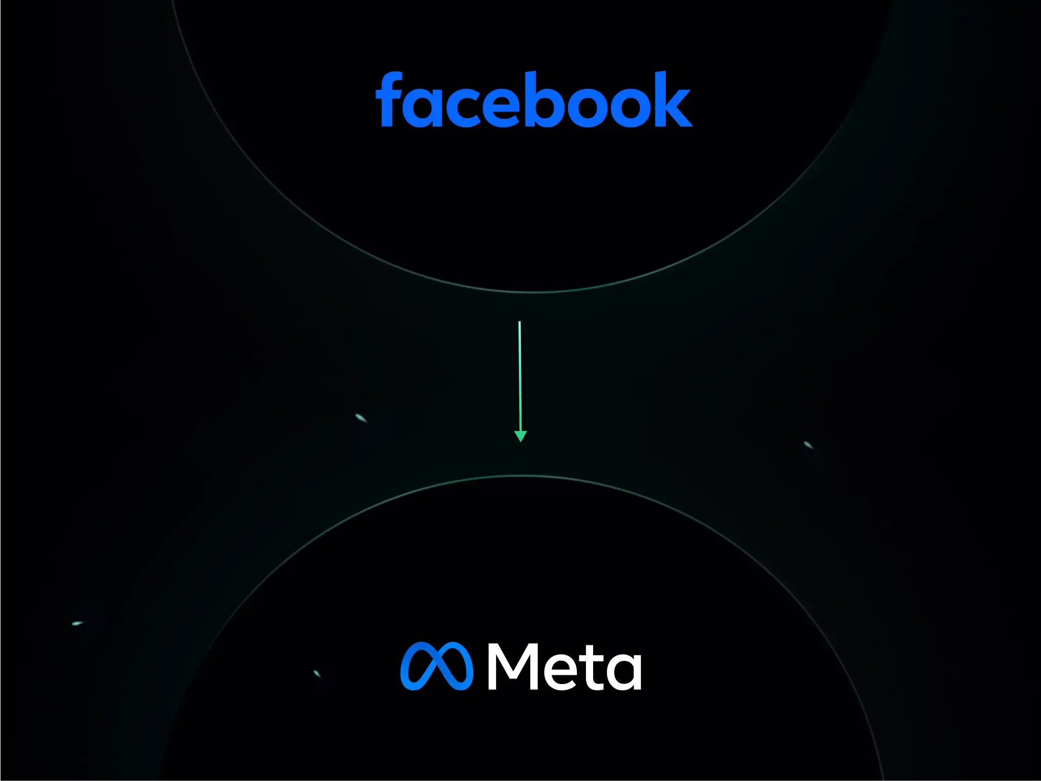 Dark slide showing Facebook and Meta logos connected by a vertical line symbolising rebrand.