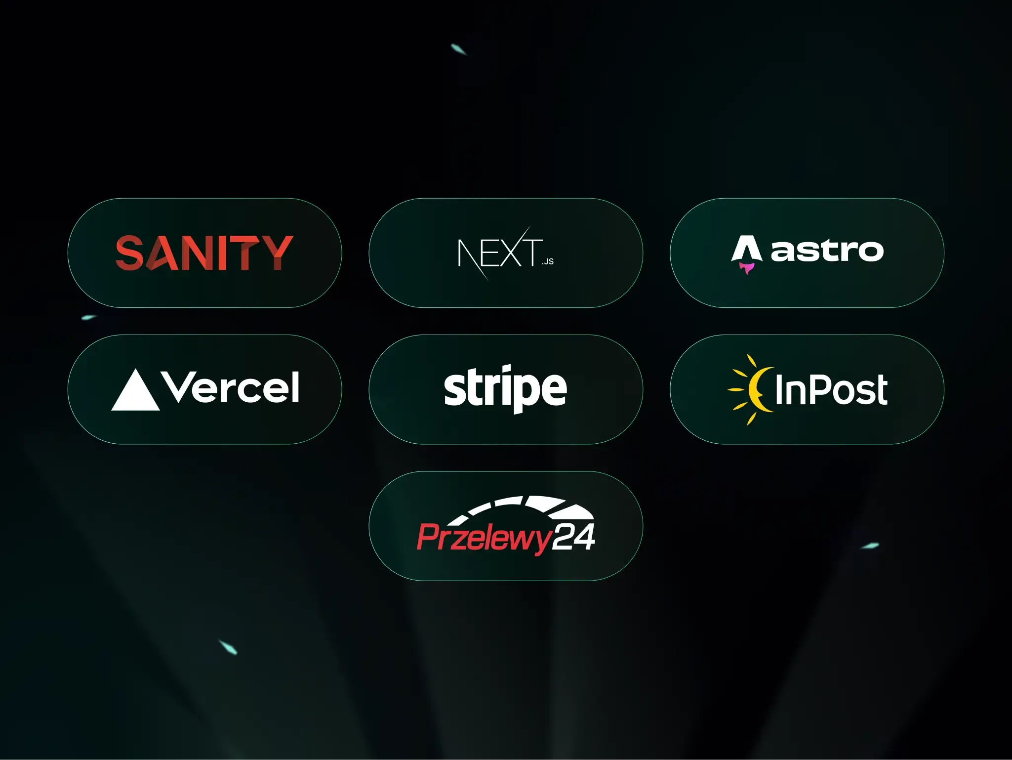 List of technologies in six green blocks: Sanity, Next.js, Astro, Vercel, Stripe, InPost, and Przelewy24, everything on a dark background.