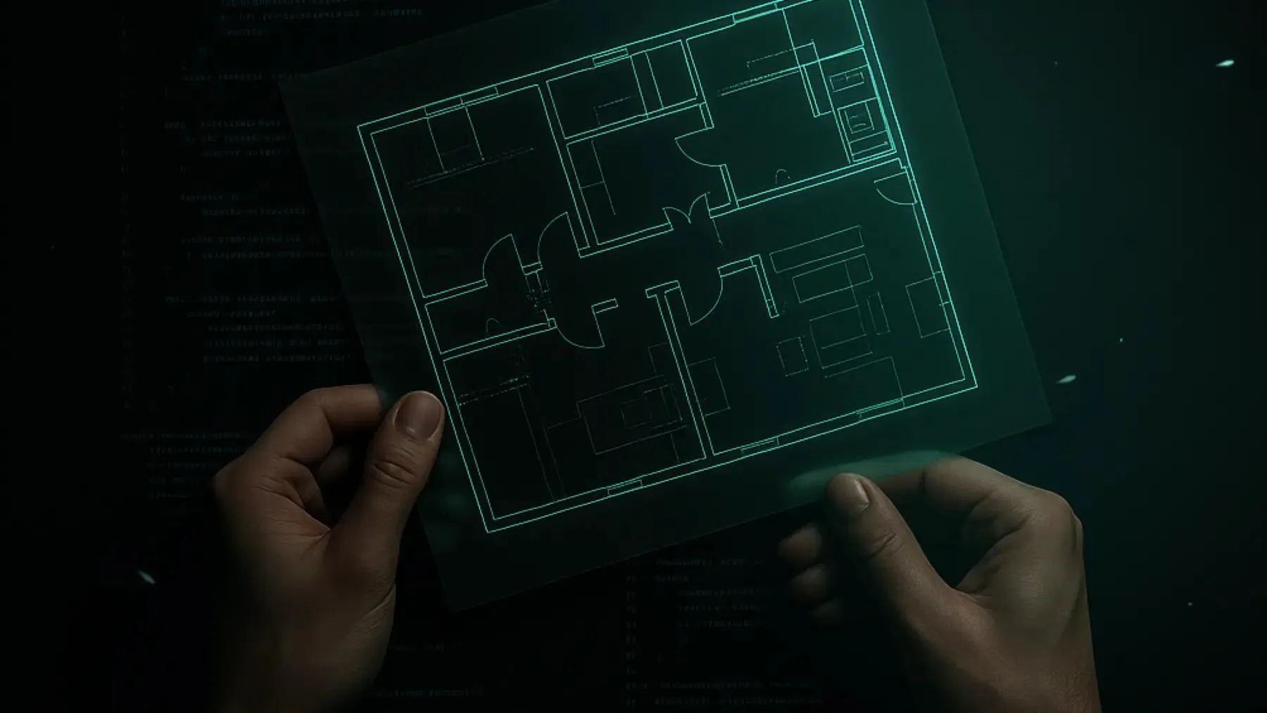 Hands hold a glowing floor plan grid on a black background.