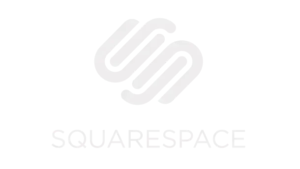 Biały znak i napis Squarespace na ciemnym tle.