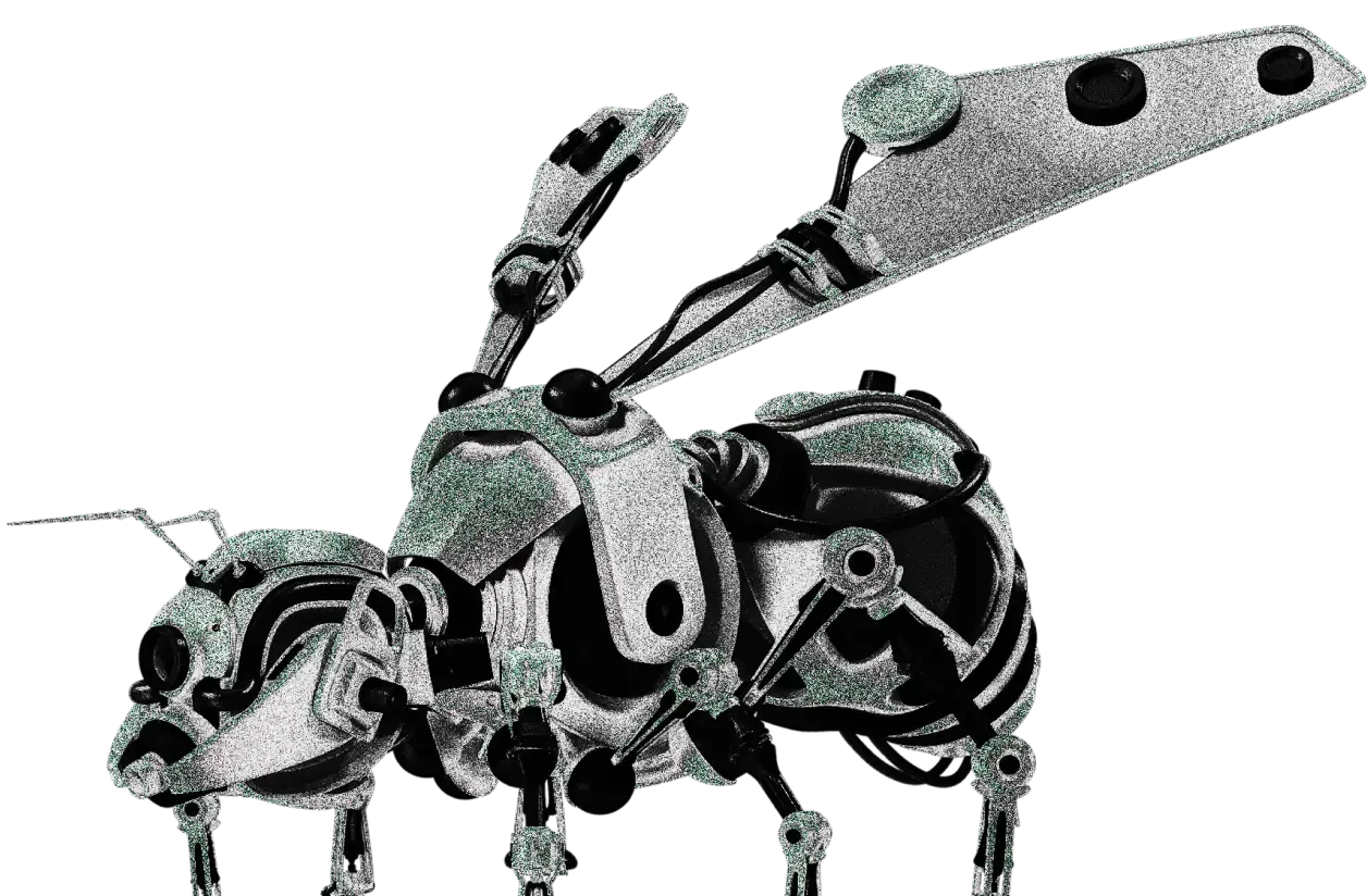 Futurystyczna osa w stylu robotycznym, składa się z metalicznych elementów, cała jest w srebrnym kolorze z delikatnymi akcentami w kolorze zielonym i śrubami w kolorze czarnym.
