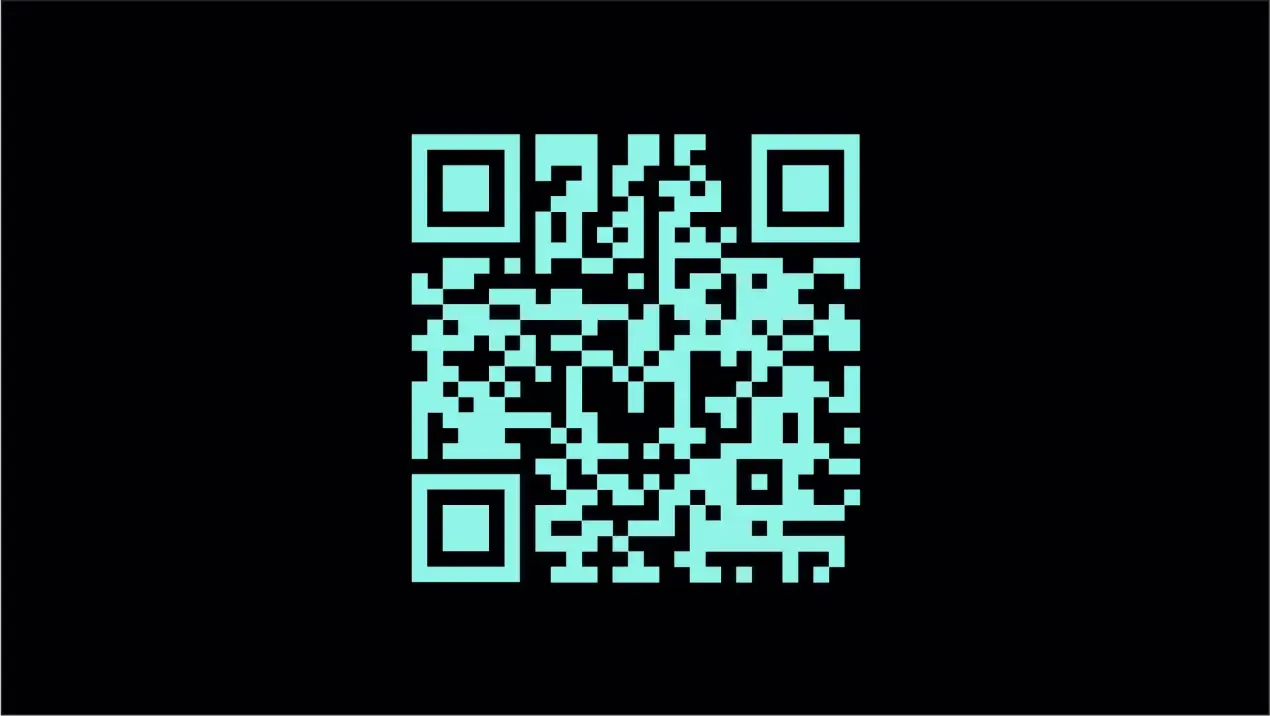 Kod QR w niebieskawym kolorze na czarnym tle.