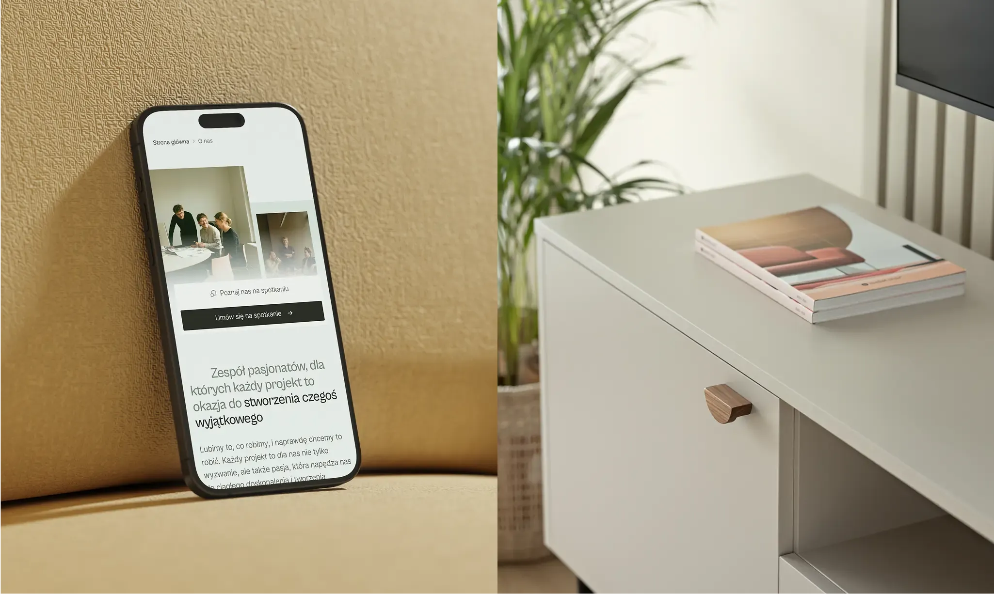 Smartphone displaying the WOODME site leaning on a wall, on the right there is a beige side table next to a green plant.