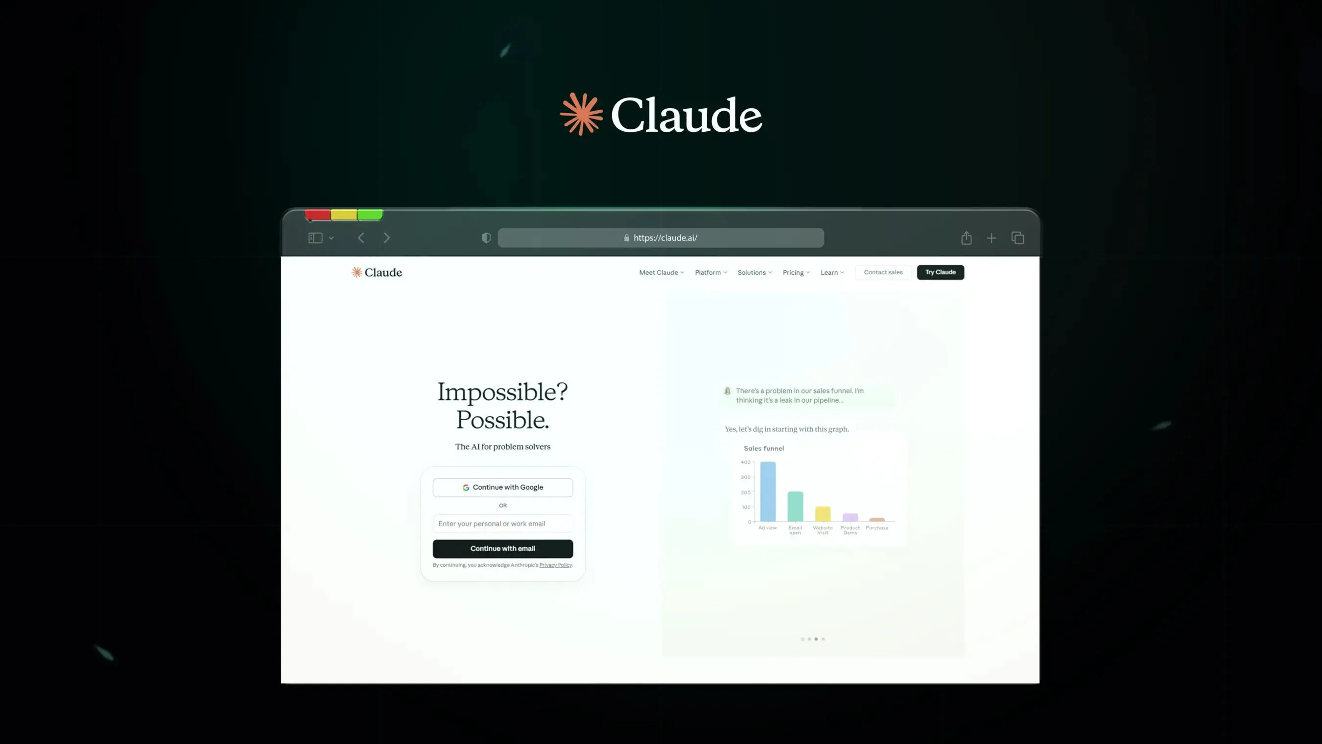 Claude hero section with example cards and menu.