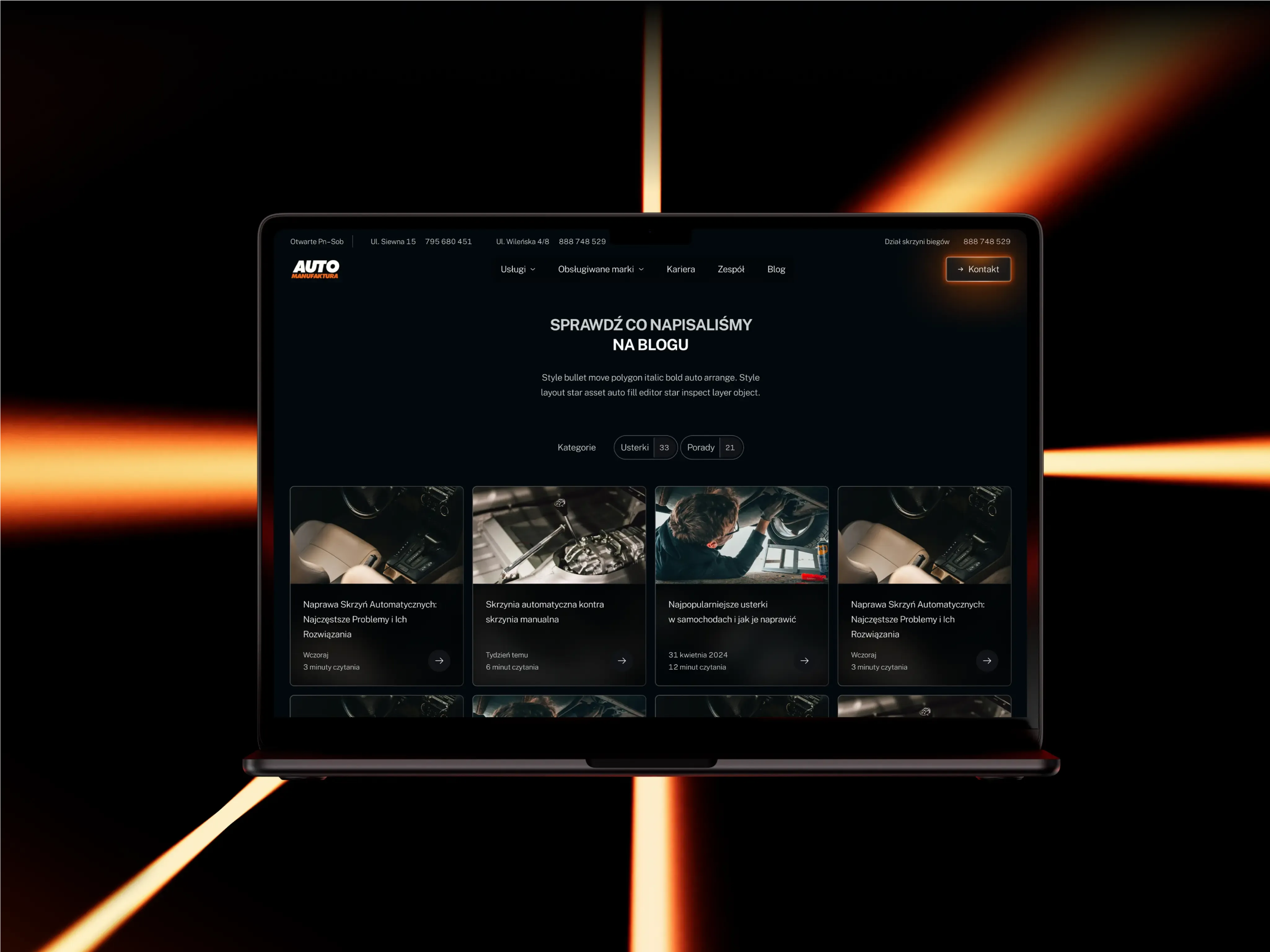 A laptop on a dramatic dark background with light beams presents the desktop version of Automanufaktura’s site.