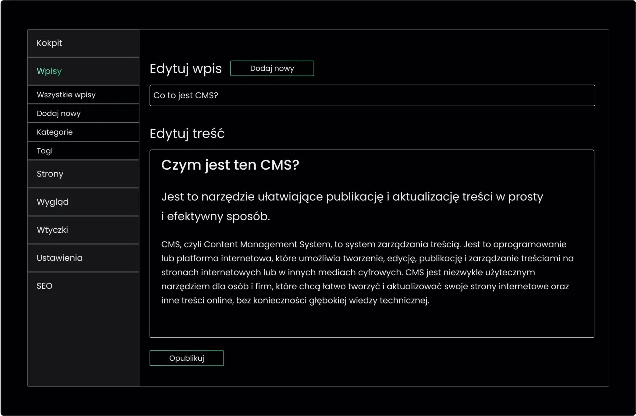 Dark interface with a left menu and page-editing content in the main area.