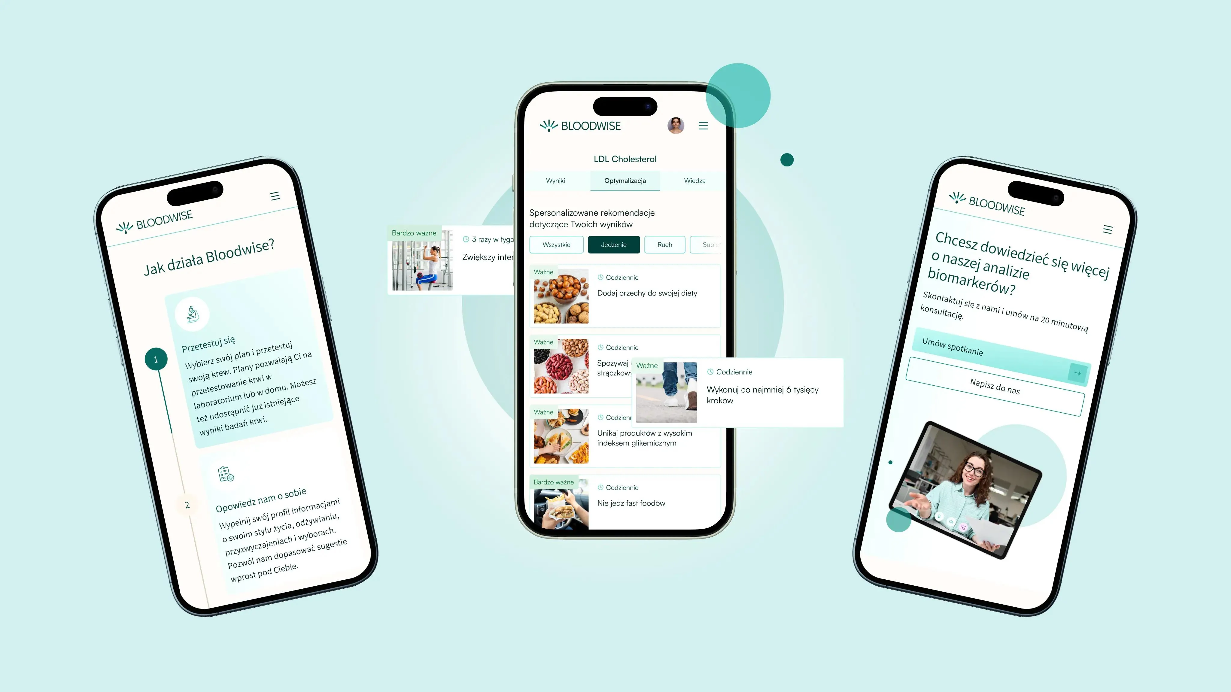 Trzy smartfony na miętowym tle pokazują responsywny interfejs aplikacji Bloodwise.