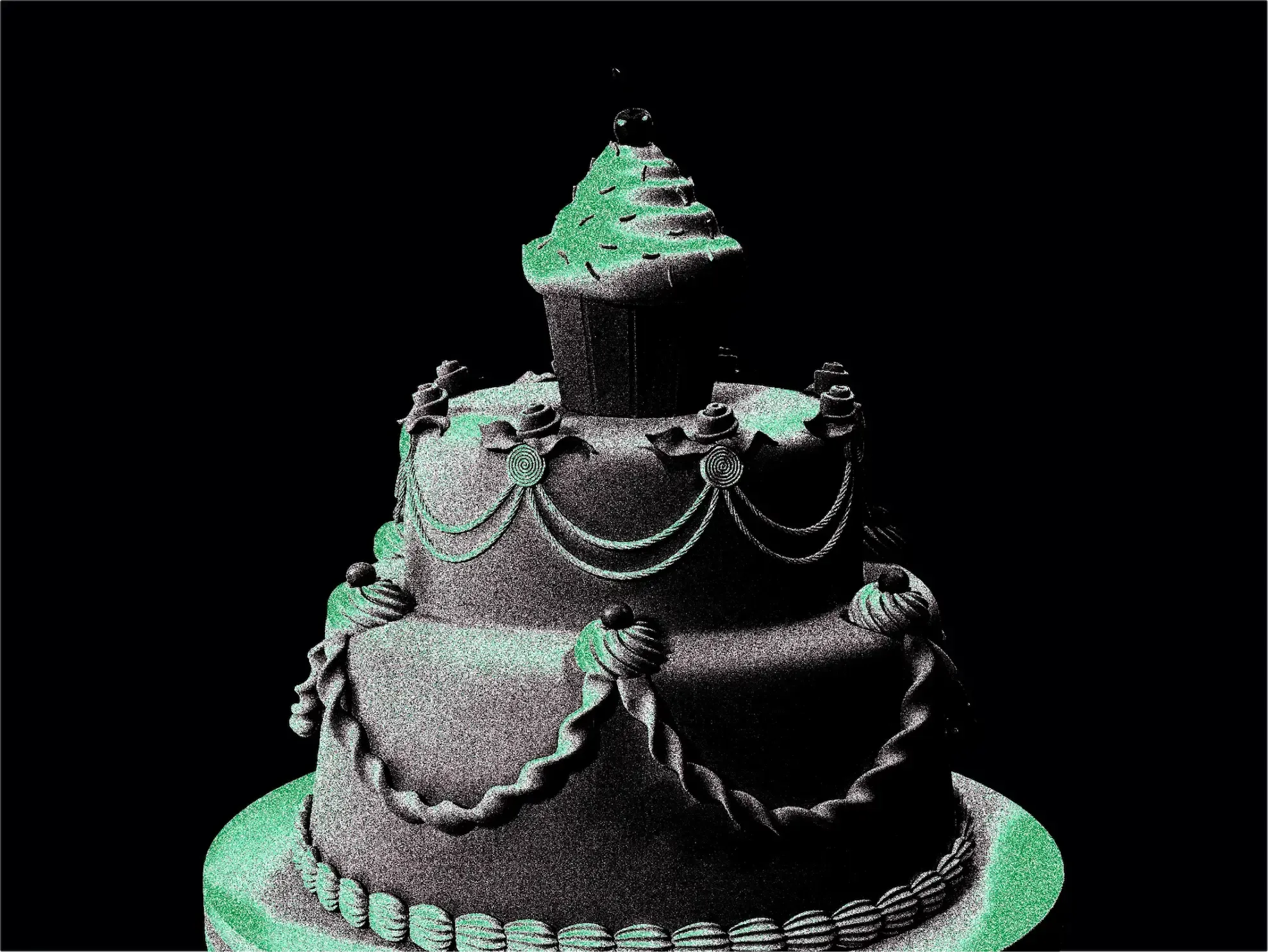 Three-tier black-green cake with decorative icing and a cherry on top, on a transparent background.