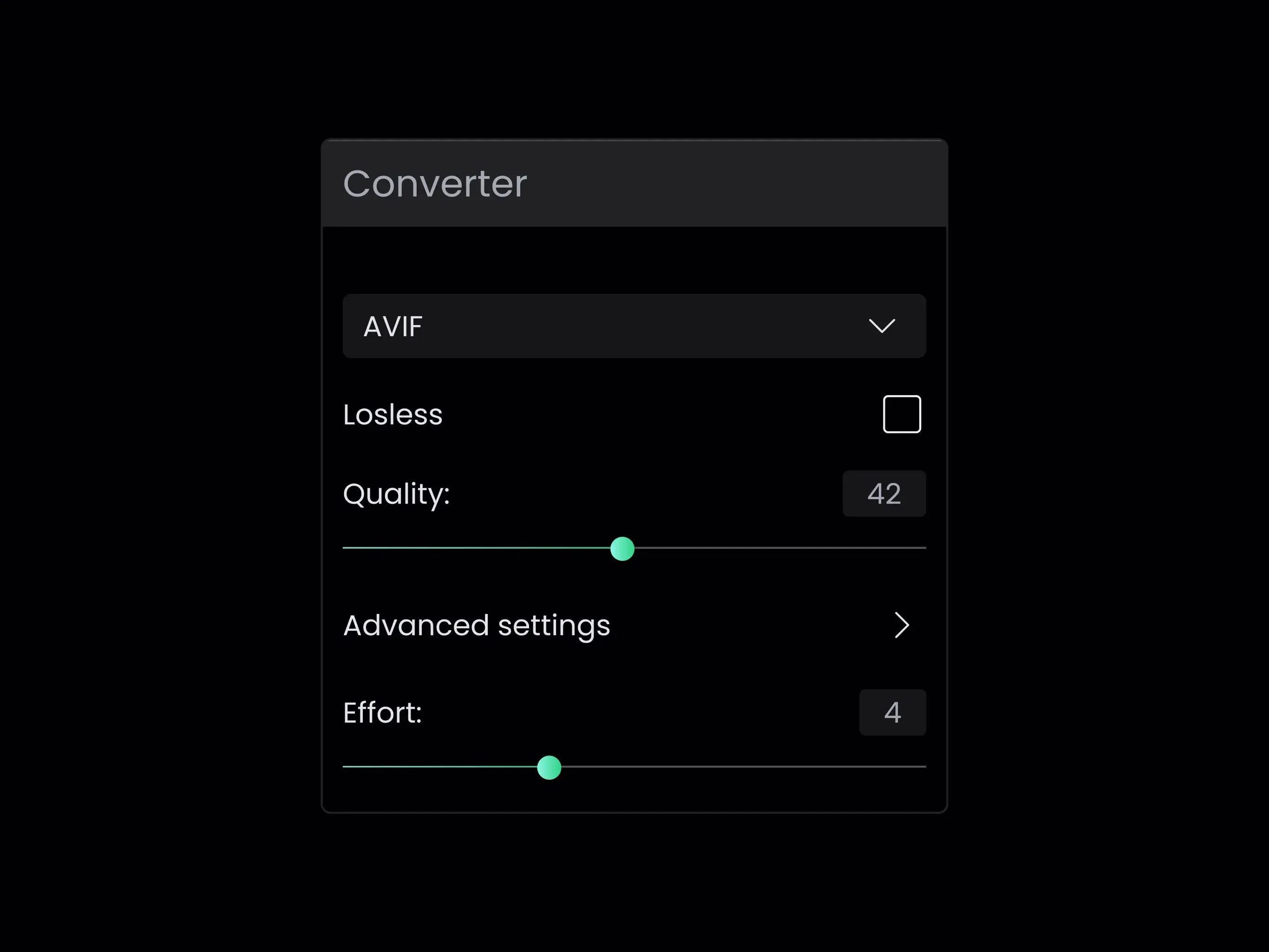 Ciemny interfejs konwertera plików z opcją wyboru formatu AVIF, ustawieniem jakości, trybu bezstratnego oraz zaawansowanych opcji, takich jak poziom wysiłku przetwarzania.