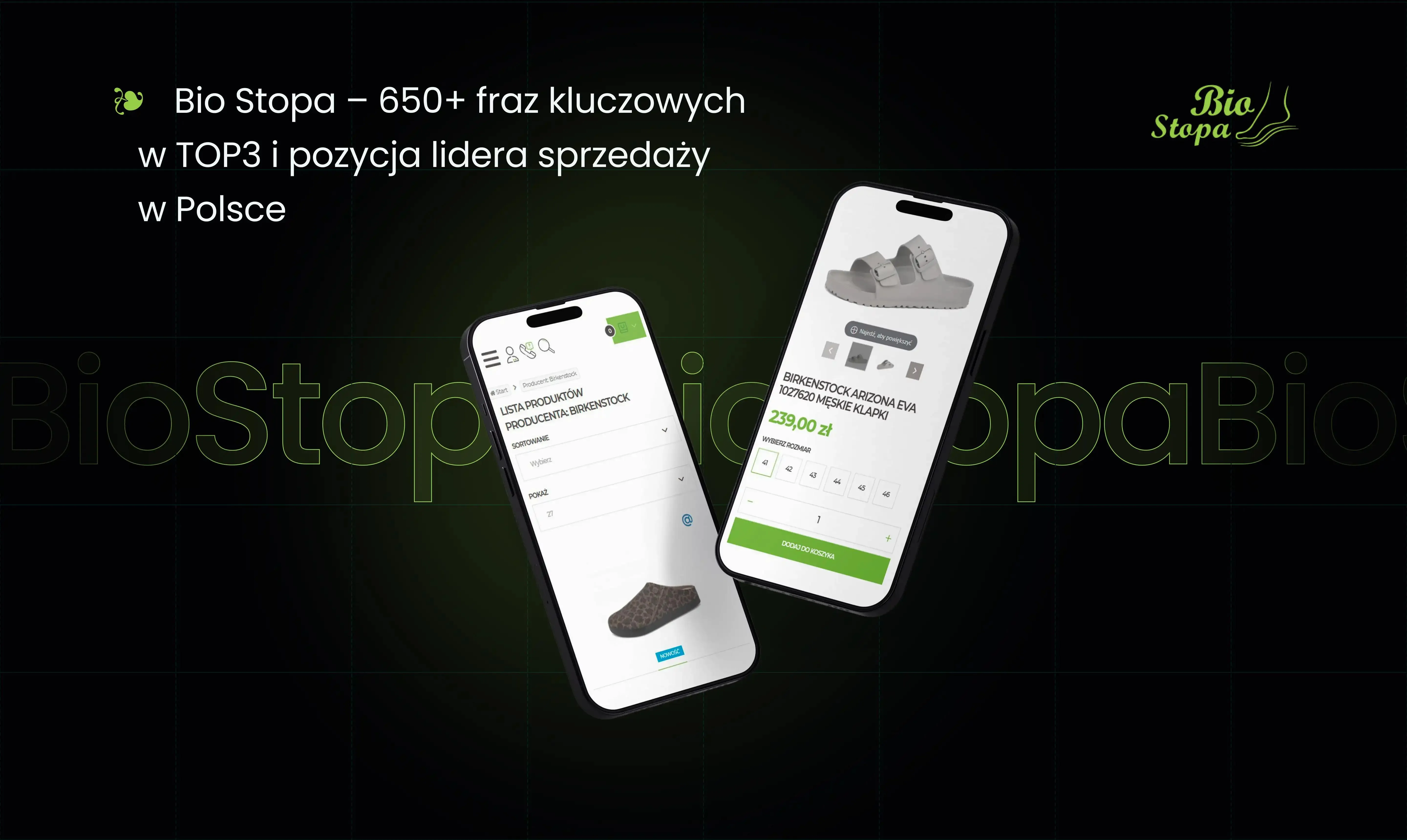 Slajd z wynikami SEO: wykres wzrostu i makiety aplikacji mobilnej marki.