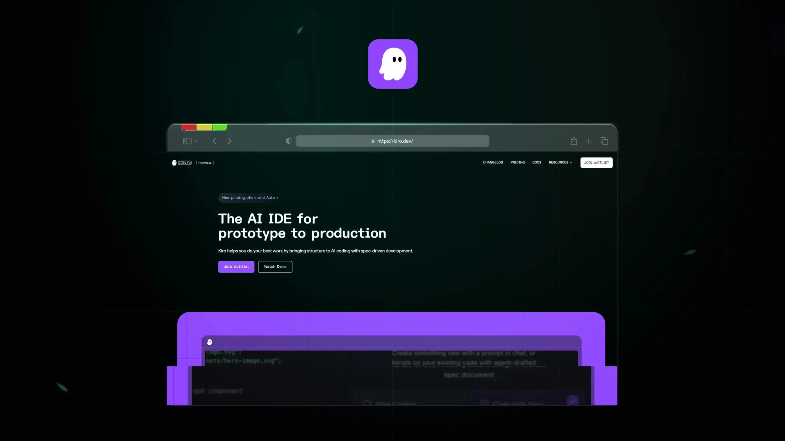 Kiro dark landing with navbar and component preview.