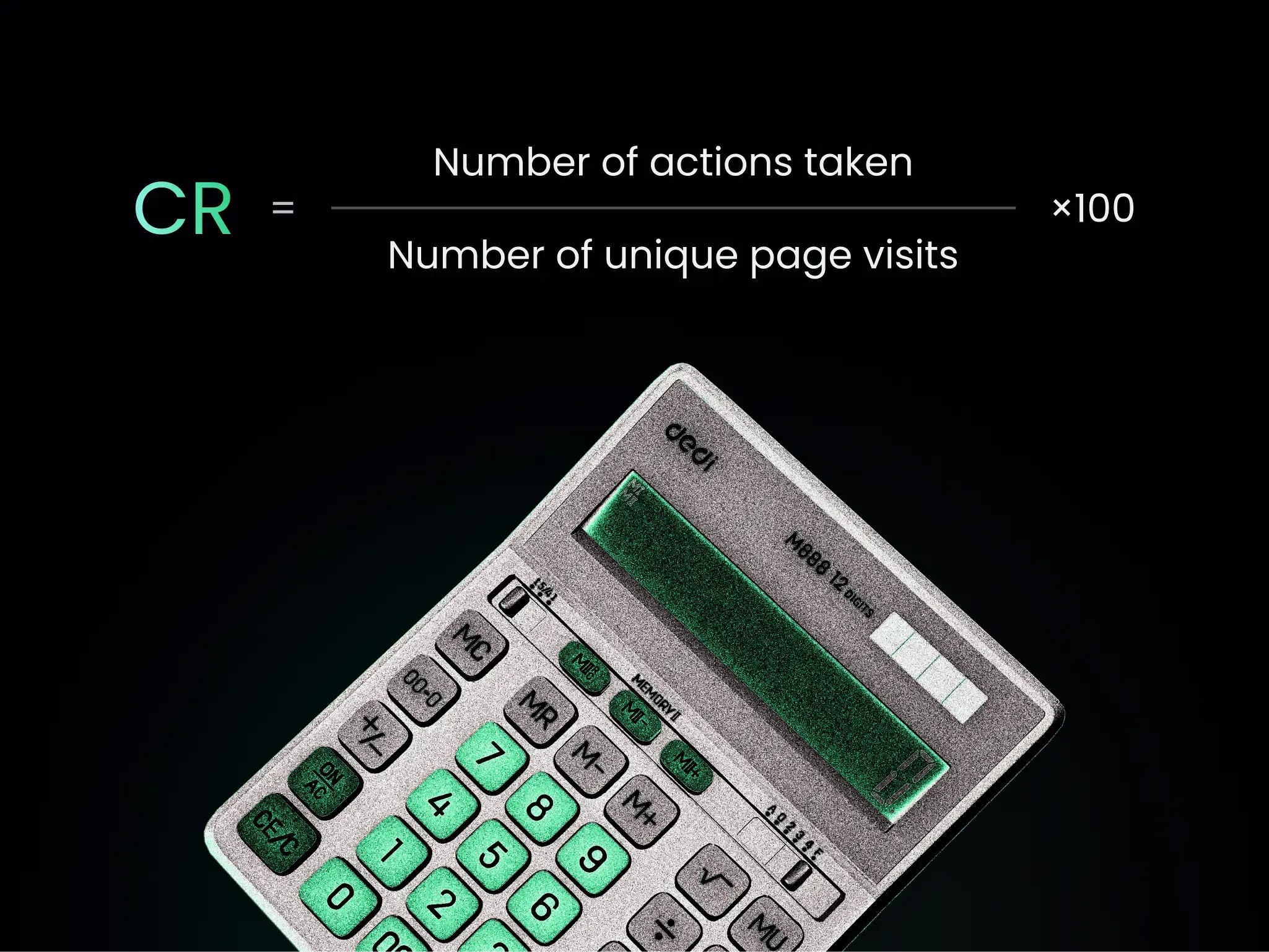 CR formula and a green-lit desktop calculator on a black background.