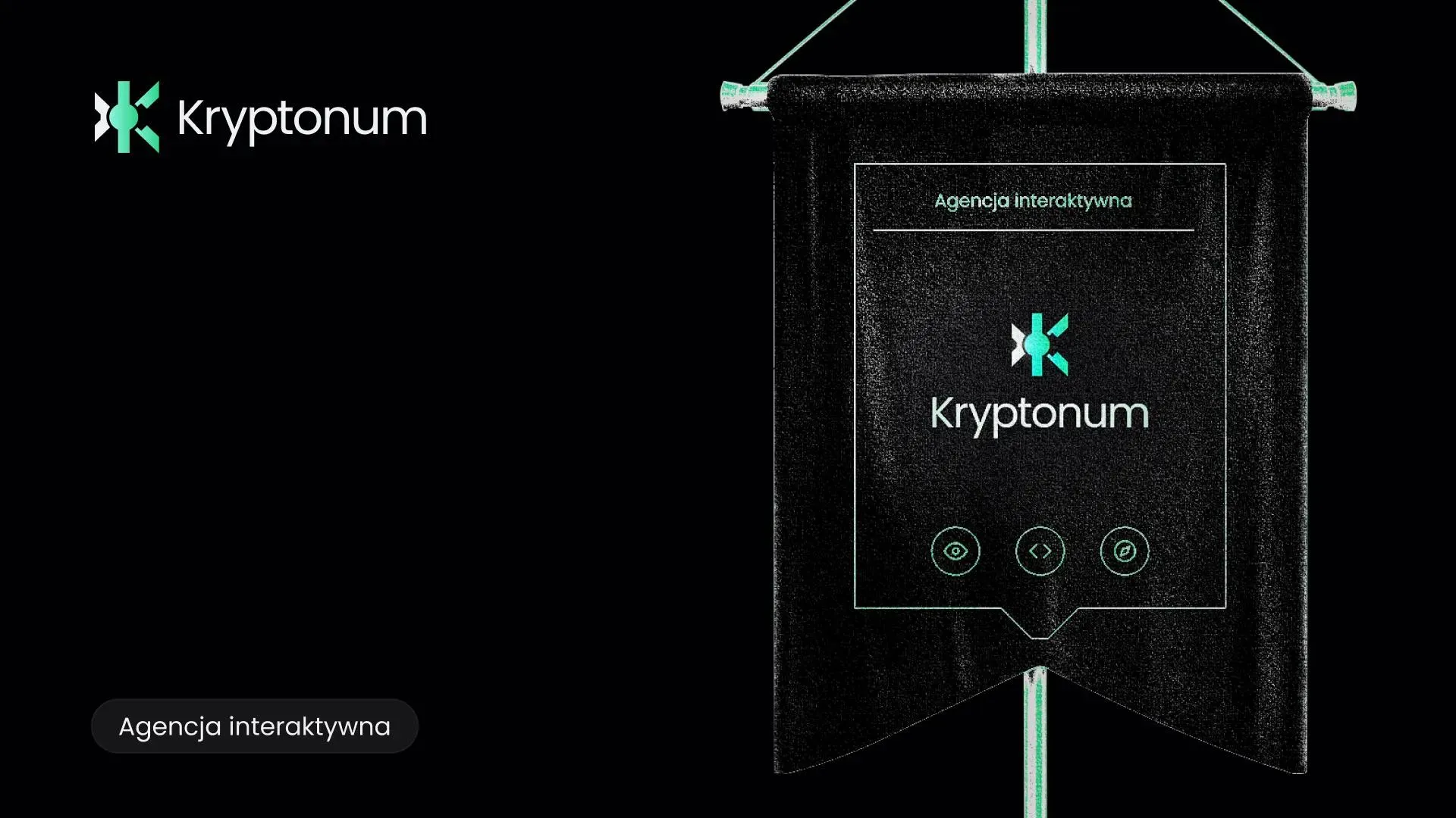 Pionowy banner z czarną wstęgą i logo, z lewej logo Kryptonum.