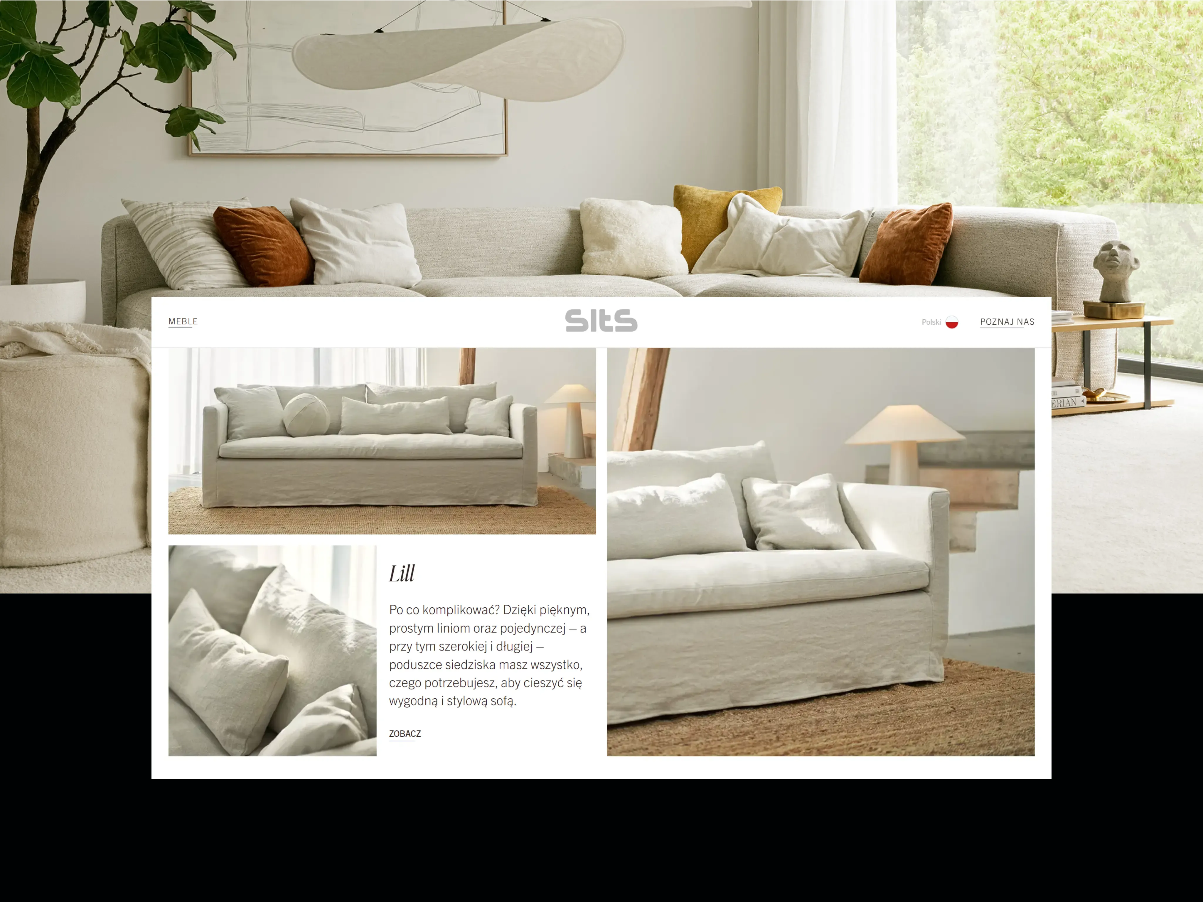 Widok podstrony kolekcji meblarskiej Lill ze strony www z branży meblarskiej sits.eu. 3 fotografie kanapy, jej opis, w tle aranżacja wnętrza salonu z kanapą Lill