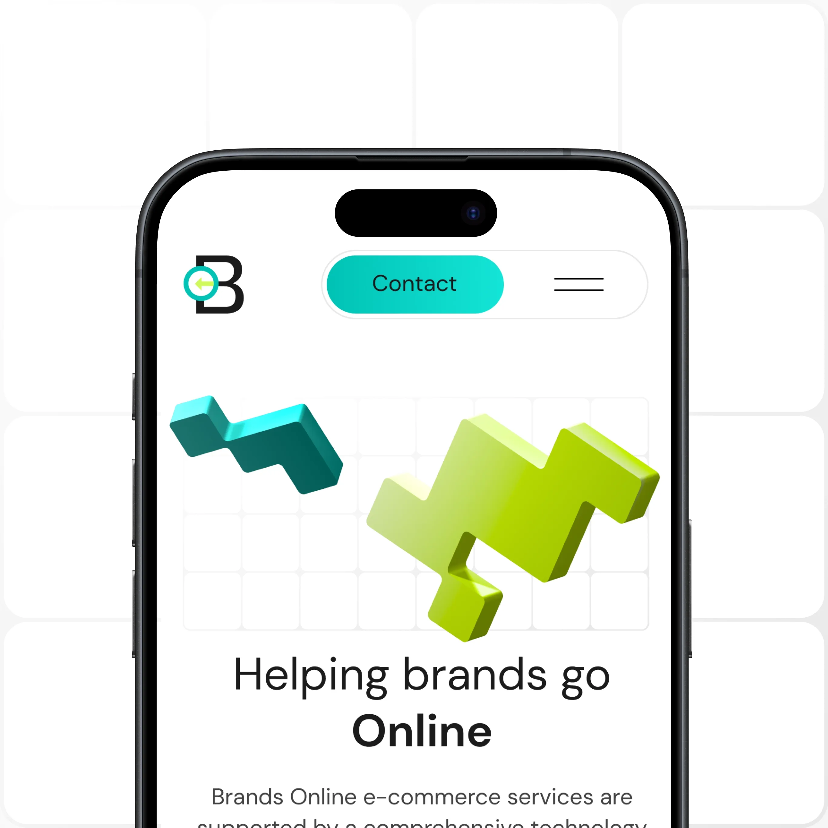 Ekran smartfona z hasłem „Helping brands go online” i zielonymi klockami 3D na białym tle.