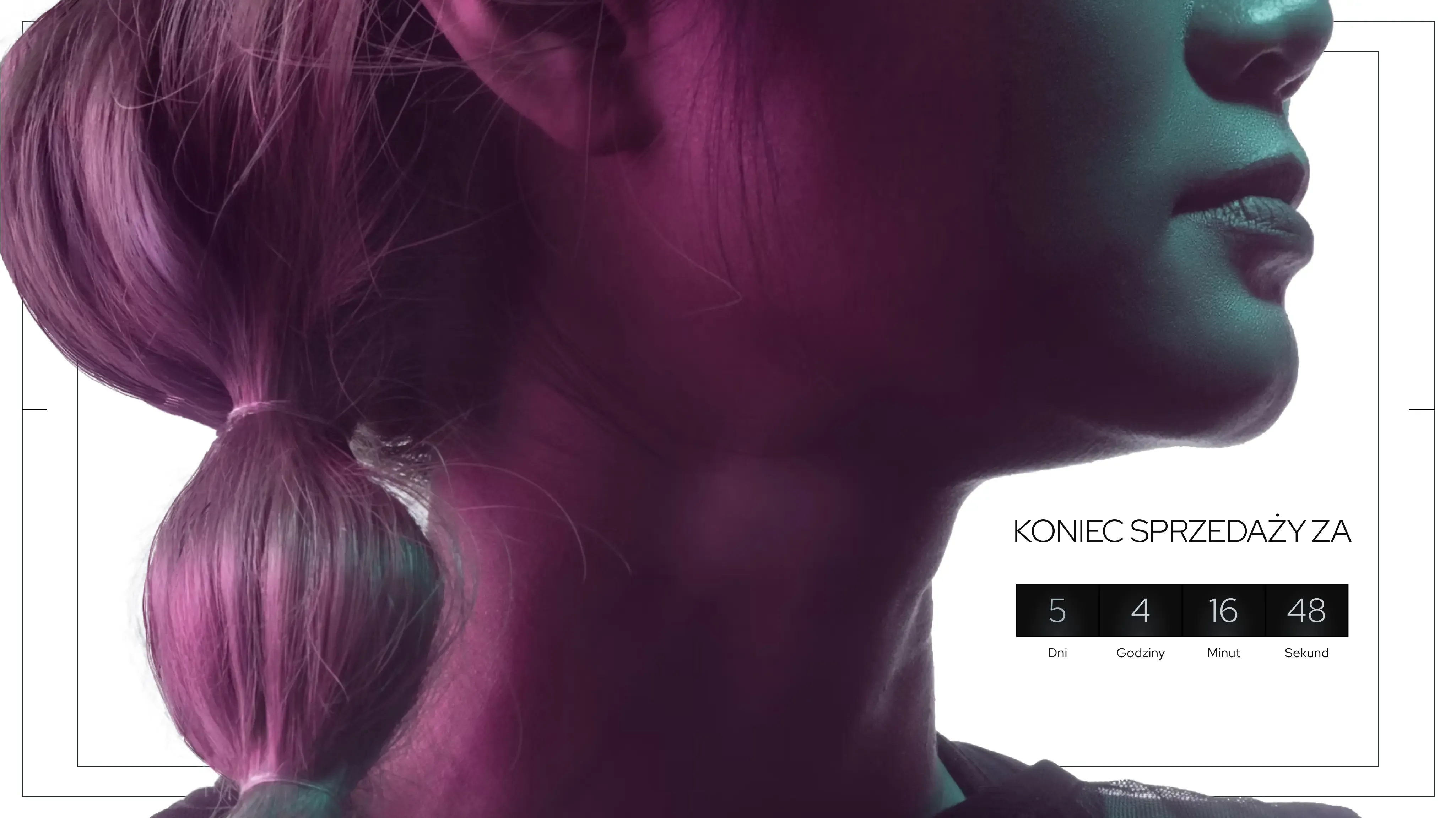 Horizontal artwork with a model’s face and a sale-countdown tile.