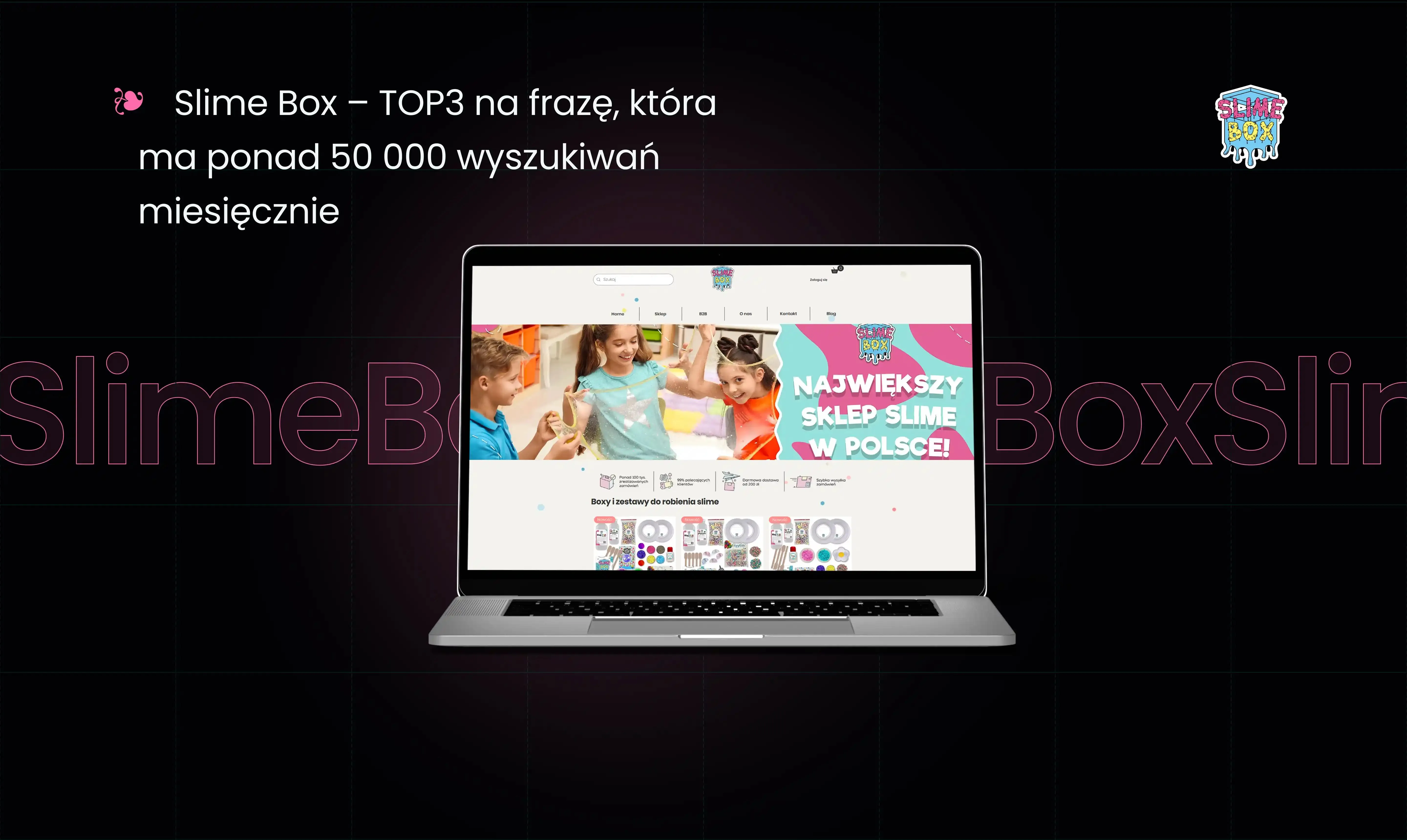 Ciemny slajd case study z nagłówkiem o TOP3 dla frazy z ponad 50 000 wyszukiwań miesięcznie; na środku laptop z otwartą stroną sklepu Slime Box i kolorowym banerem.