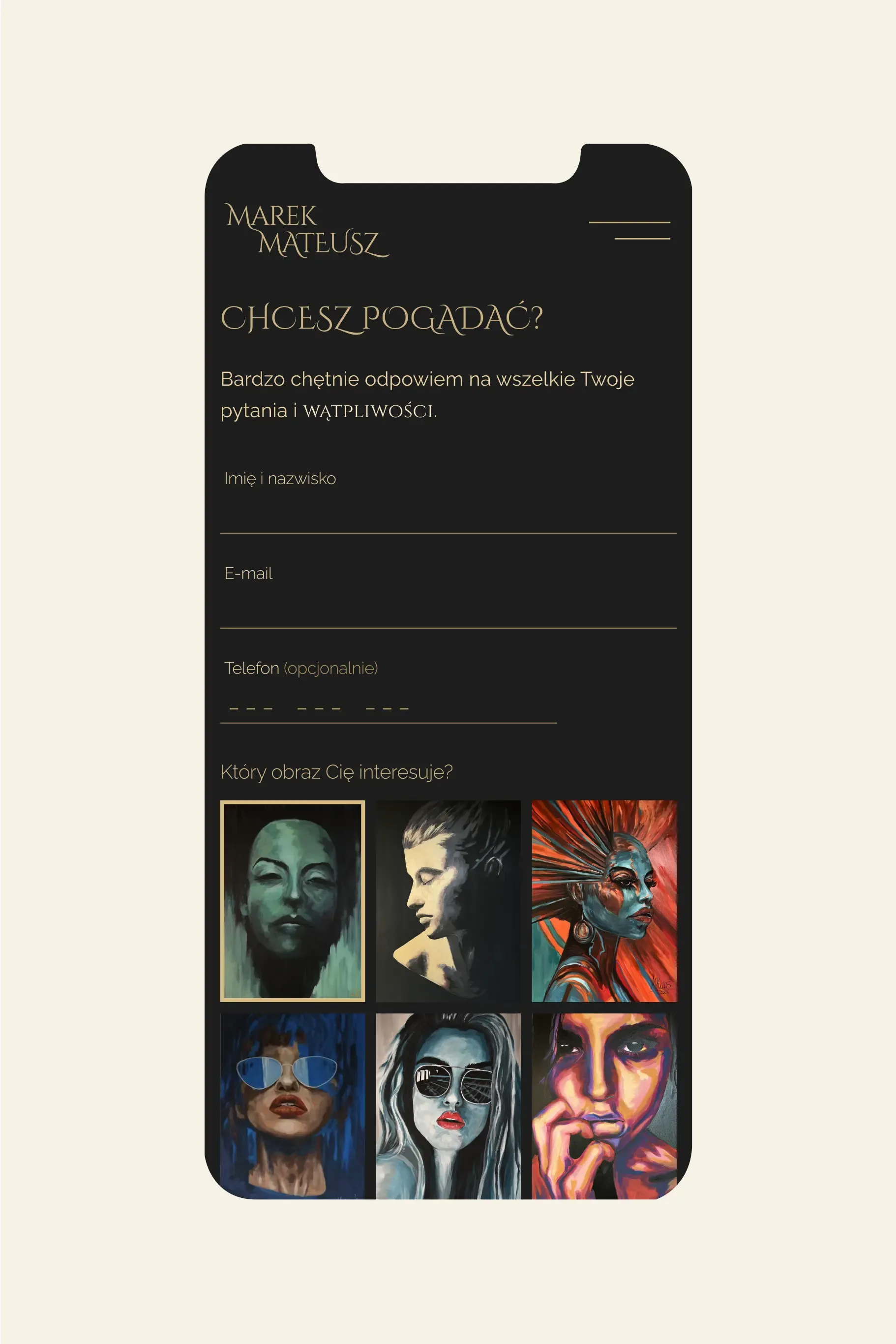 Phone mock‑up showing a dark contact form with colorful artwork thumbnails.