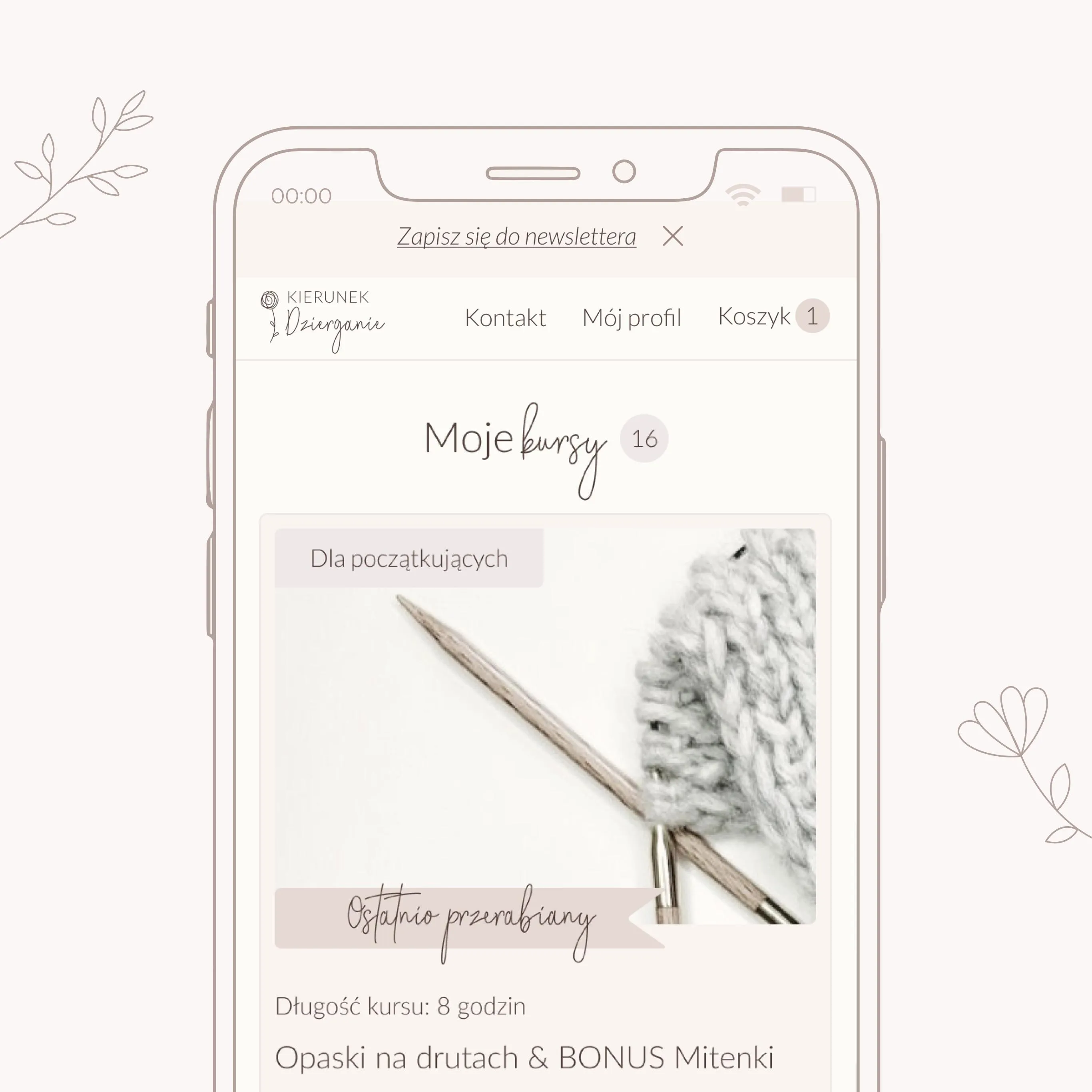 Lekki interfejs mobilny z kartami lekcji, paskiem postępu i miękkimi, kremowymi akcentami.