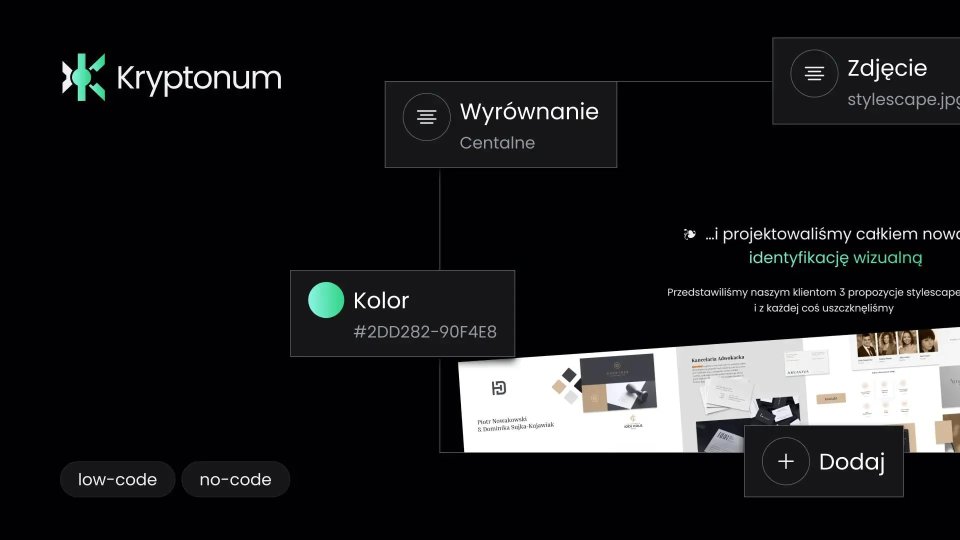 Elementy identyfikacji wizualnej marki Kryptonum, widoczny jest logotyp firmy oraz przykłady wykorzystania wybranego koloru, który jest jasnozielony, znajduje się tam również informacja o wyrównaniu centralnym i zdjęcie projektu stylescape, pod spodem widoczne są różne projekty graficzne prezentowane klientom.