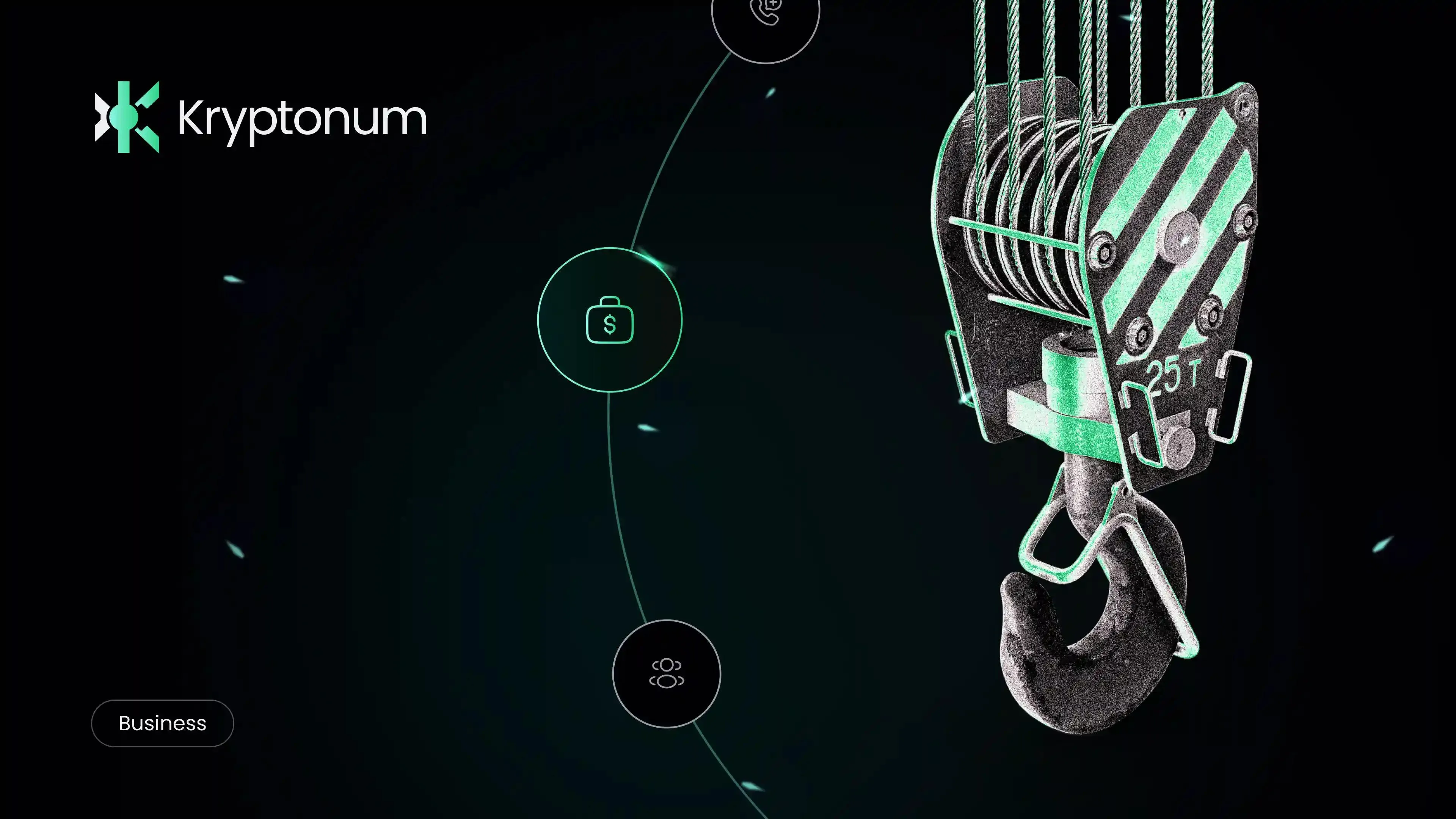 Mechanical hook with green accents grabbing an icon connected in a network.