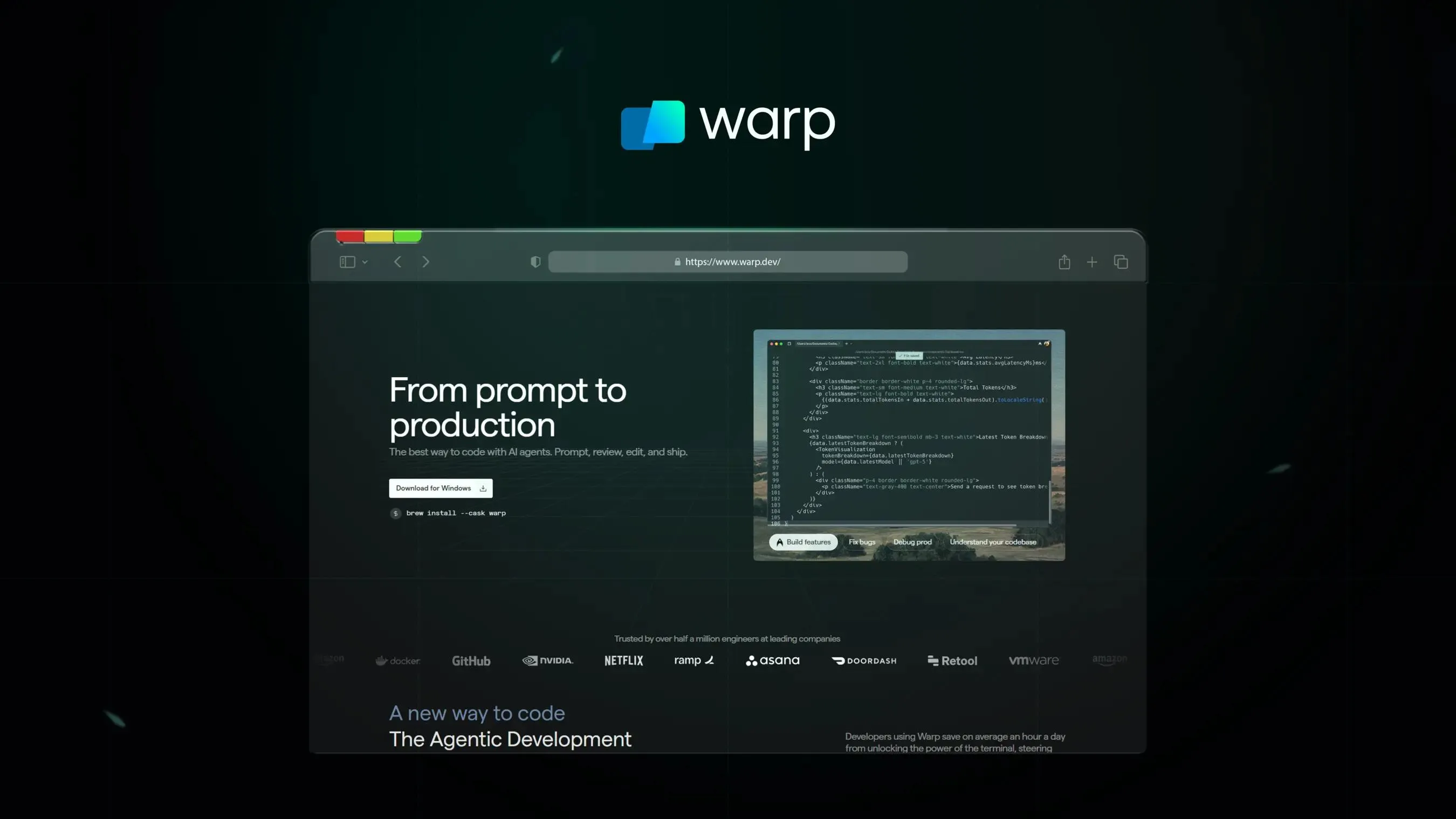 Dark Warp terminal UI with command panel and tabs.