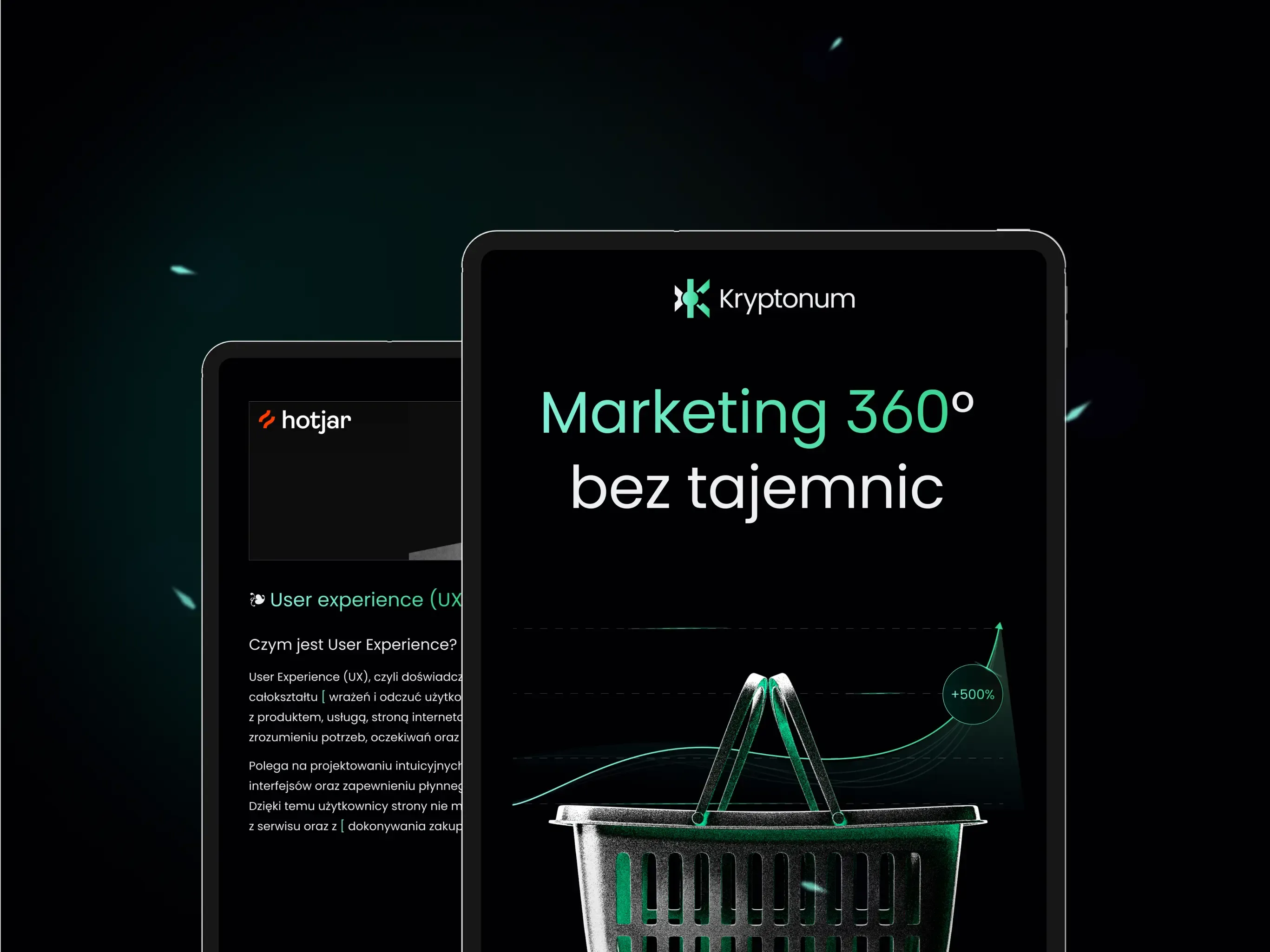 Tablet z okładką e-booka „Marketing 360° bez tajemnic” oraz telefon z podglądem treści, obok koszyk zakupowy.