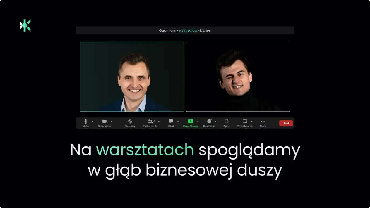Ramka wideo z dwójką prowadzących i podpisem „Na warsztatach spoglądamy w głąb biznesowej duszy”.