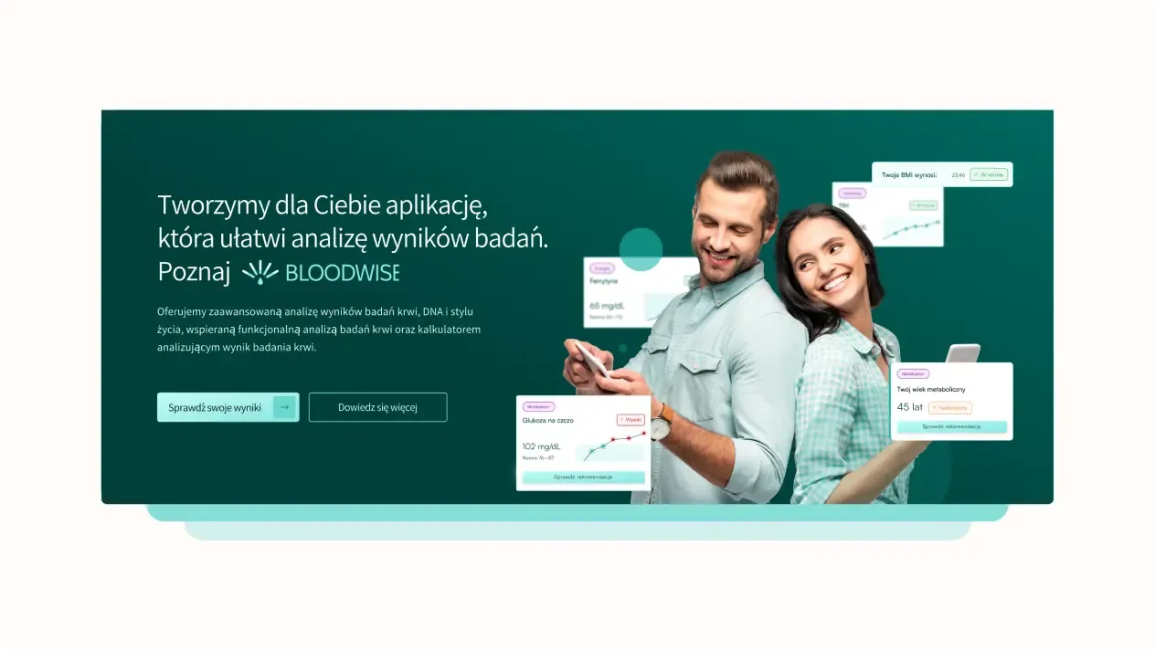On the green background, there is a text: "We create an app for you that makes analyzing test results easier. Discover BLOODWISE." Below, there is an informational text about advanced analysis of blood tests, DNA, and lifestyle, as well as two buttons: "Check your results" and "Learn more." On the right, there is a smiling couple—a man and a woman—using mobile devices. In the background, fragments of the app interface are visible, showing BMI results, glucose levels, and metabolic age.