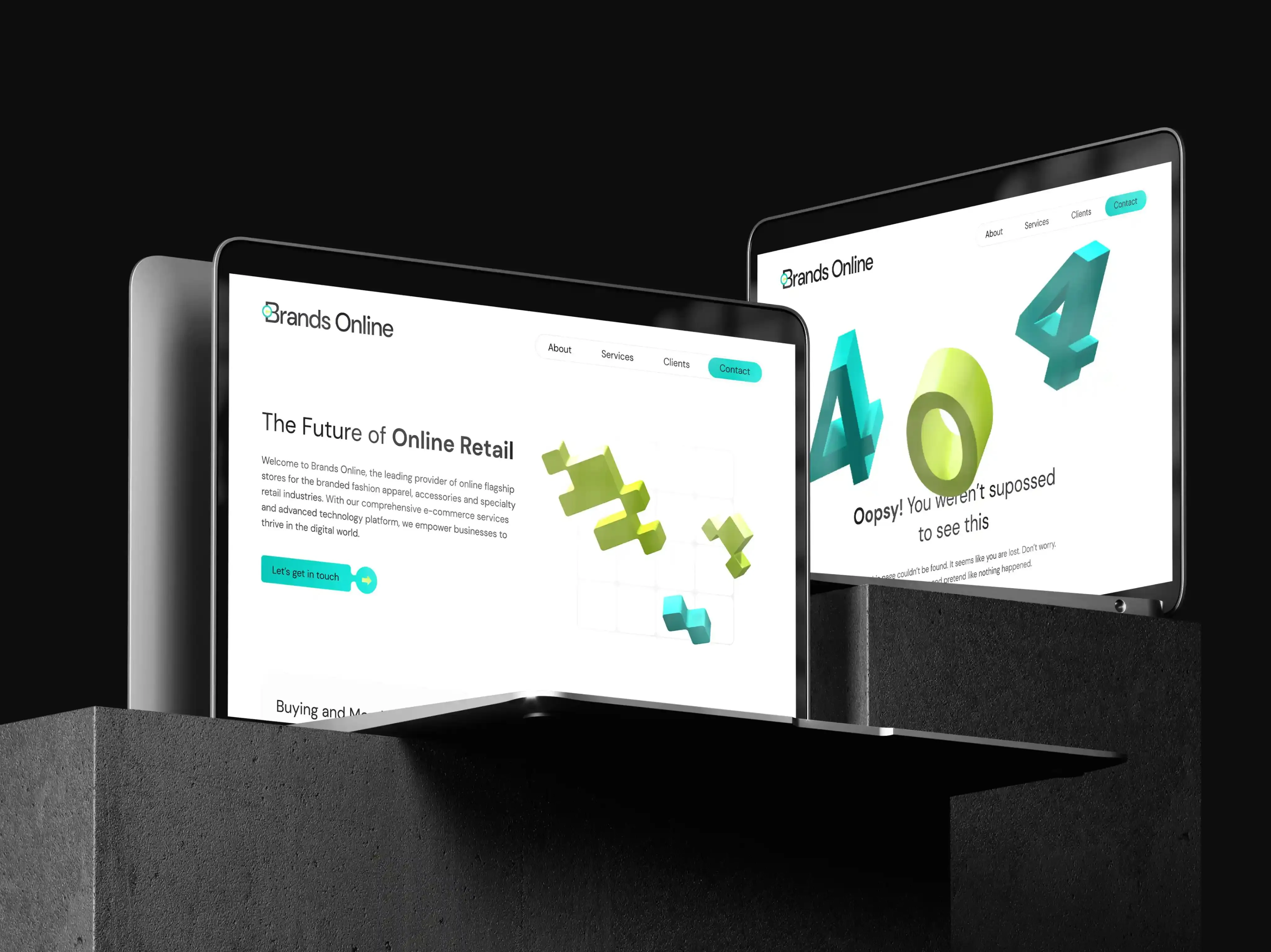 Widok projektu strony internetowej brandsonline.com na komputerze i tablecie, kształty 3D w turkusowych i limonkowych kolorach, urządzenia stoją na granitowych blokach, futurystyczny wygląd strony.