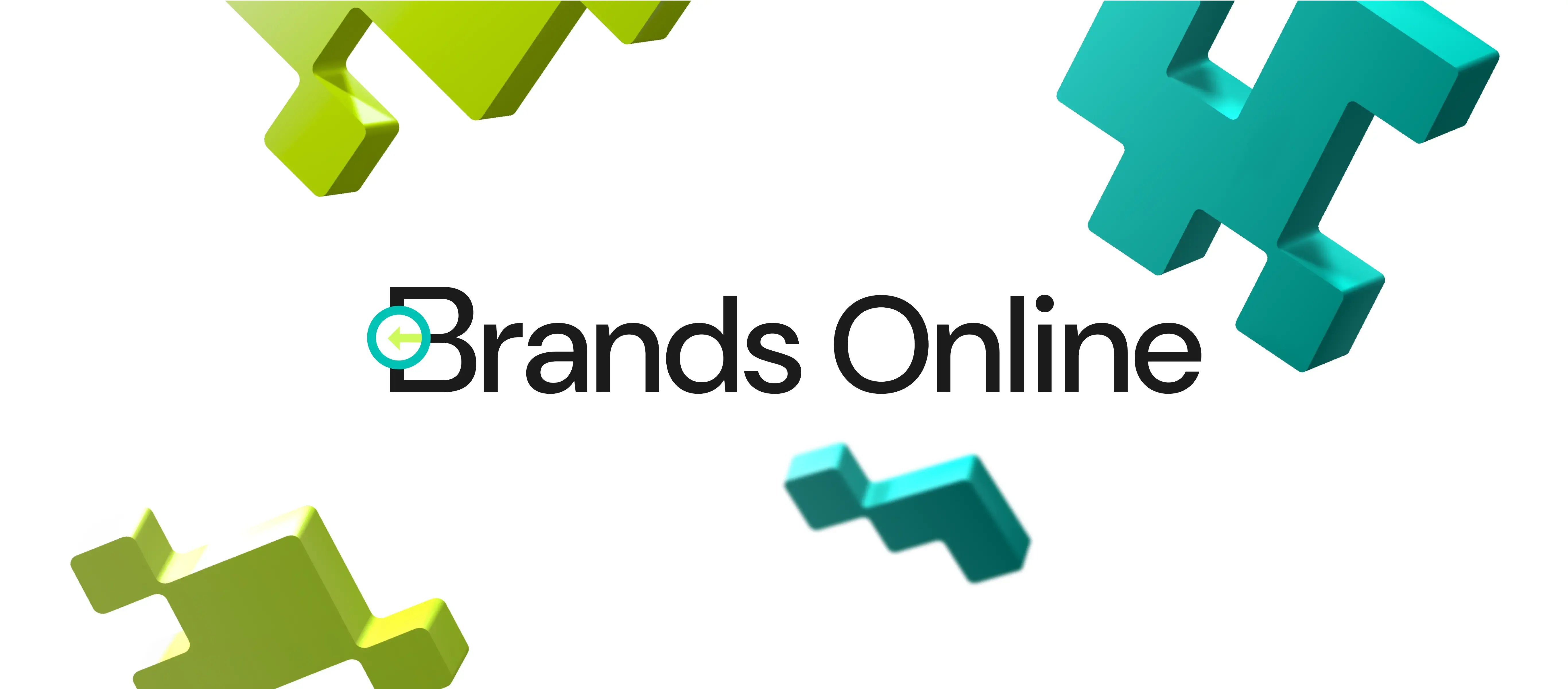 Napis „Brands Online” na białym tle otoczony zielonymi i żółtymi klockami 3D.
