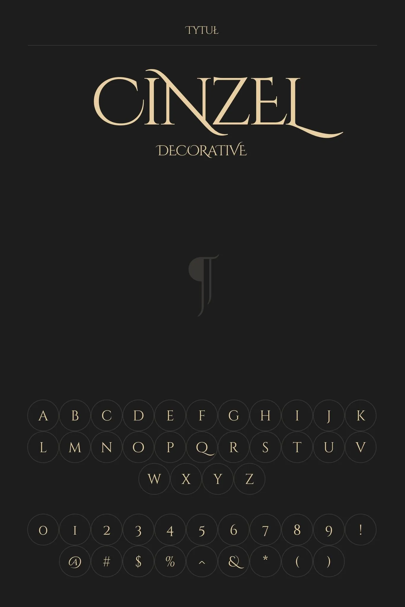 Typography board showcasing the Cinzel font on a dark‑brown background with the full alphabet.