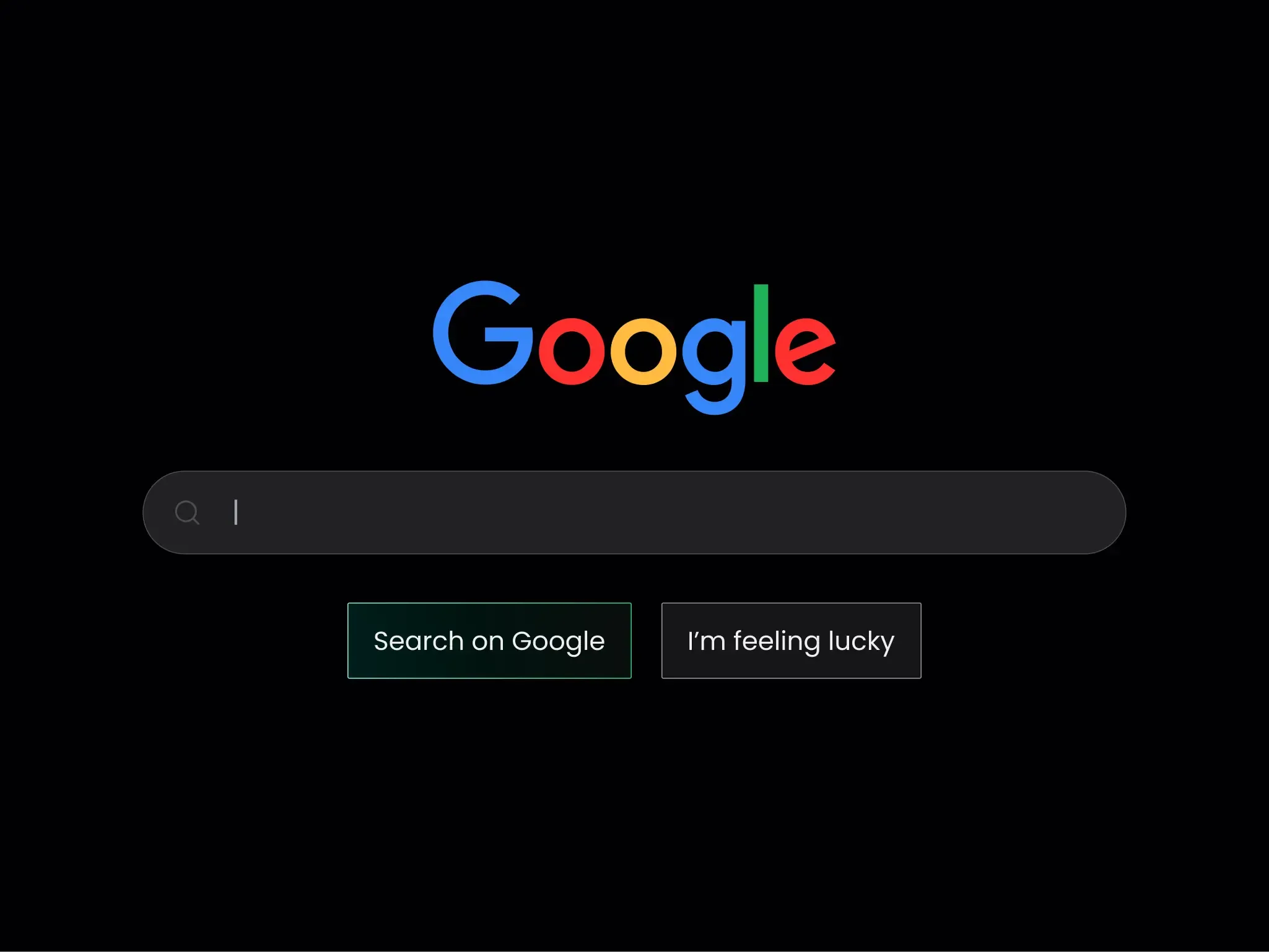 Google homepage in dark mode featuring the colourful logo and empty search bar at centre.