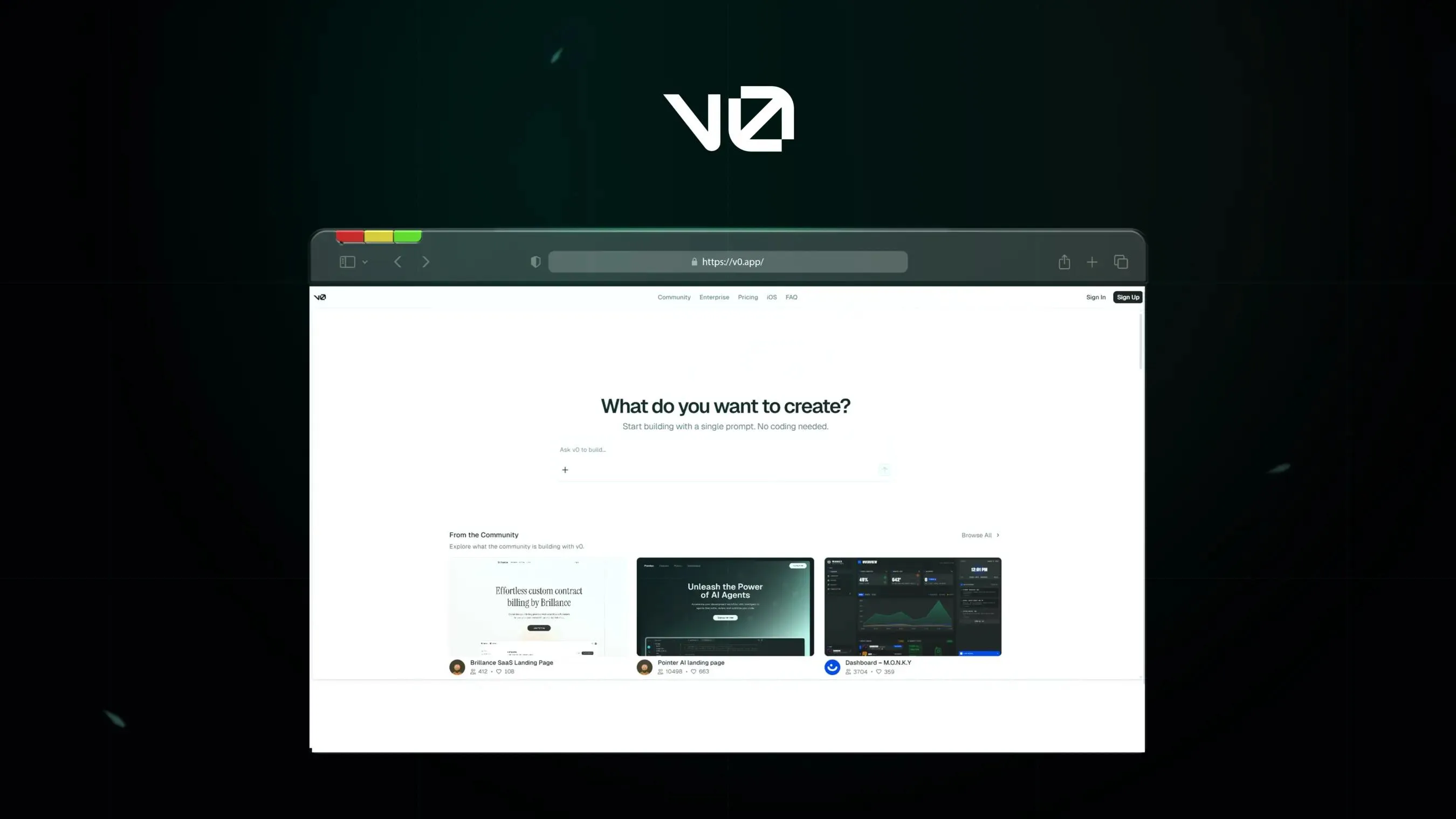 v0 landing with headline and project thumbnails in a light theme.