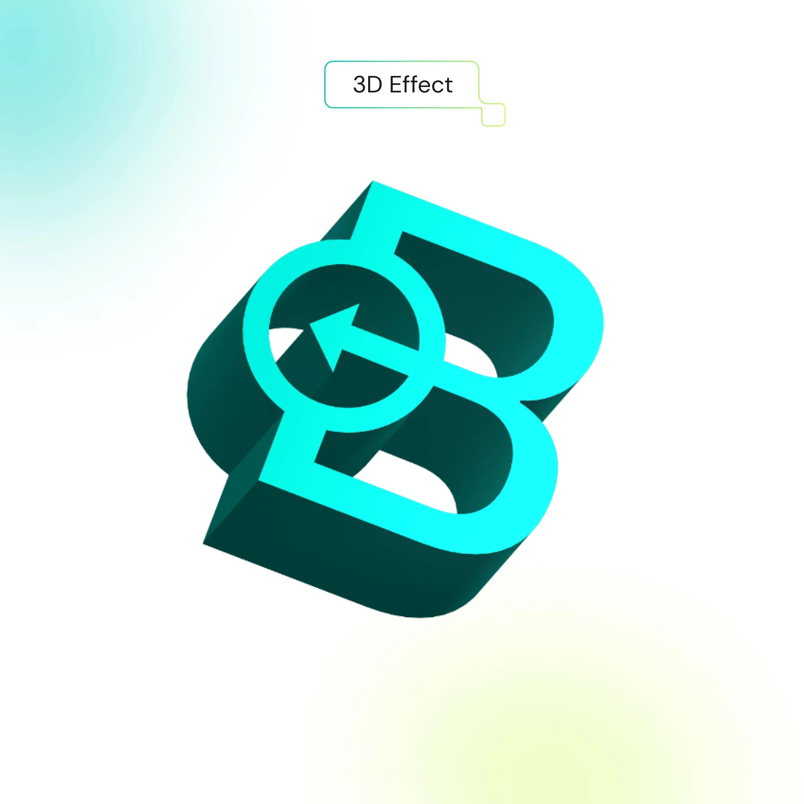 Turkusowa litera „B” z pętlą strzałki wyrzeźbiona w 3D na białym tle z jasnozielonym i błękitnym gradientem.