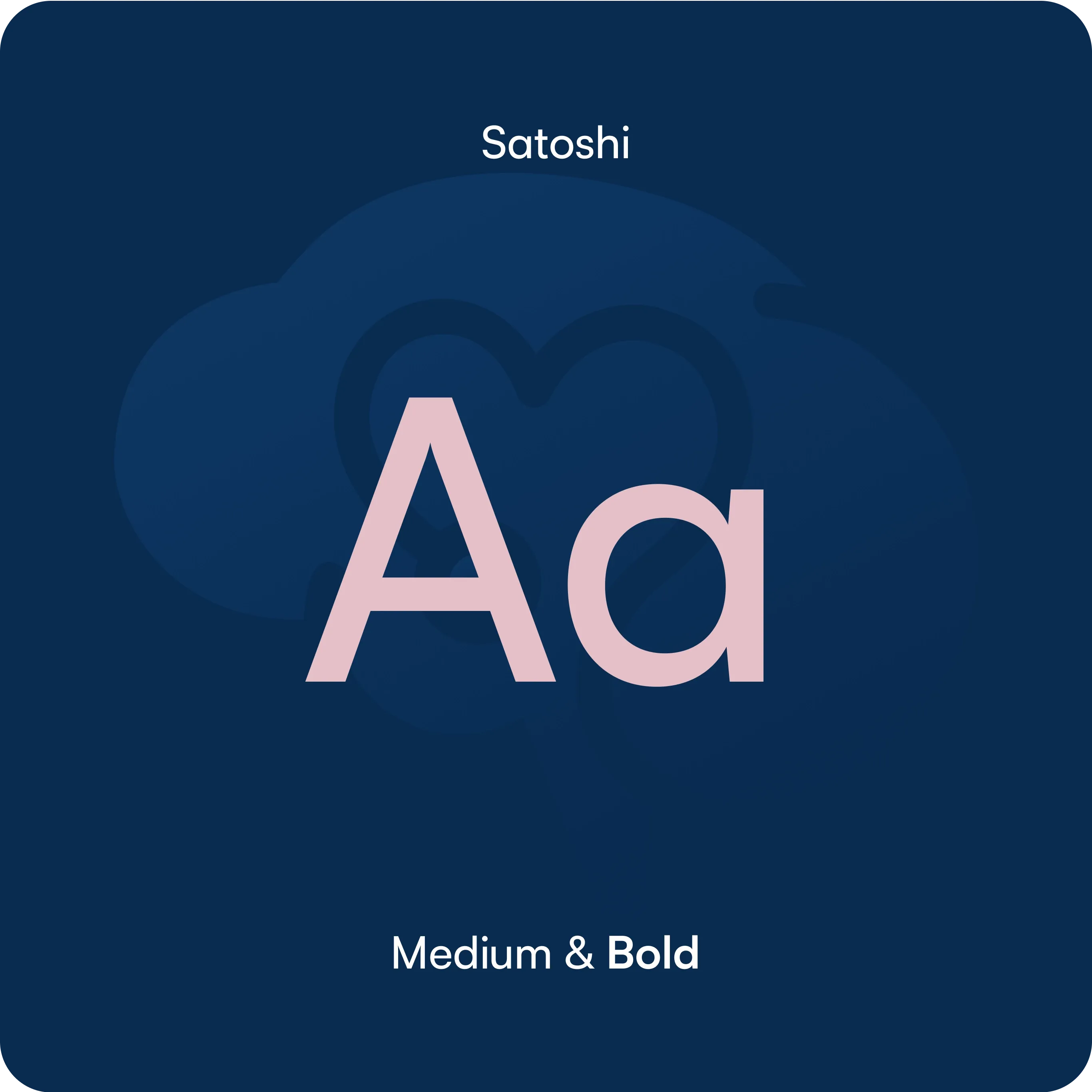 Font Satoshi w dwóch grubościach: Medium i Bold, przedstawiony w różowym kolorze na granatowym tle z subtelnym zarysem chmury i serca w tle.