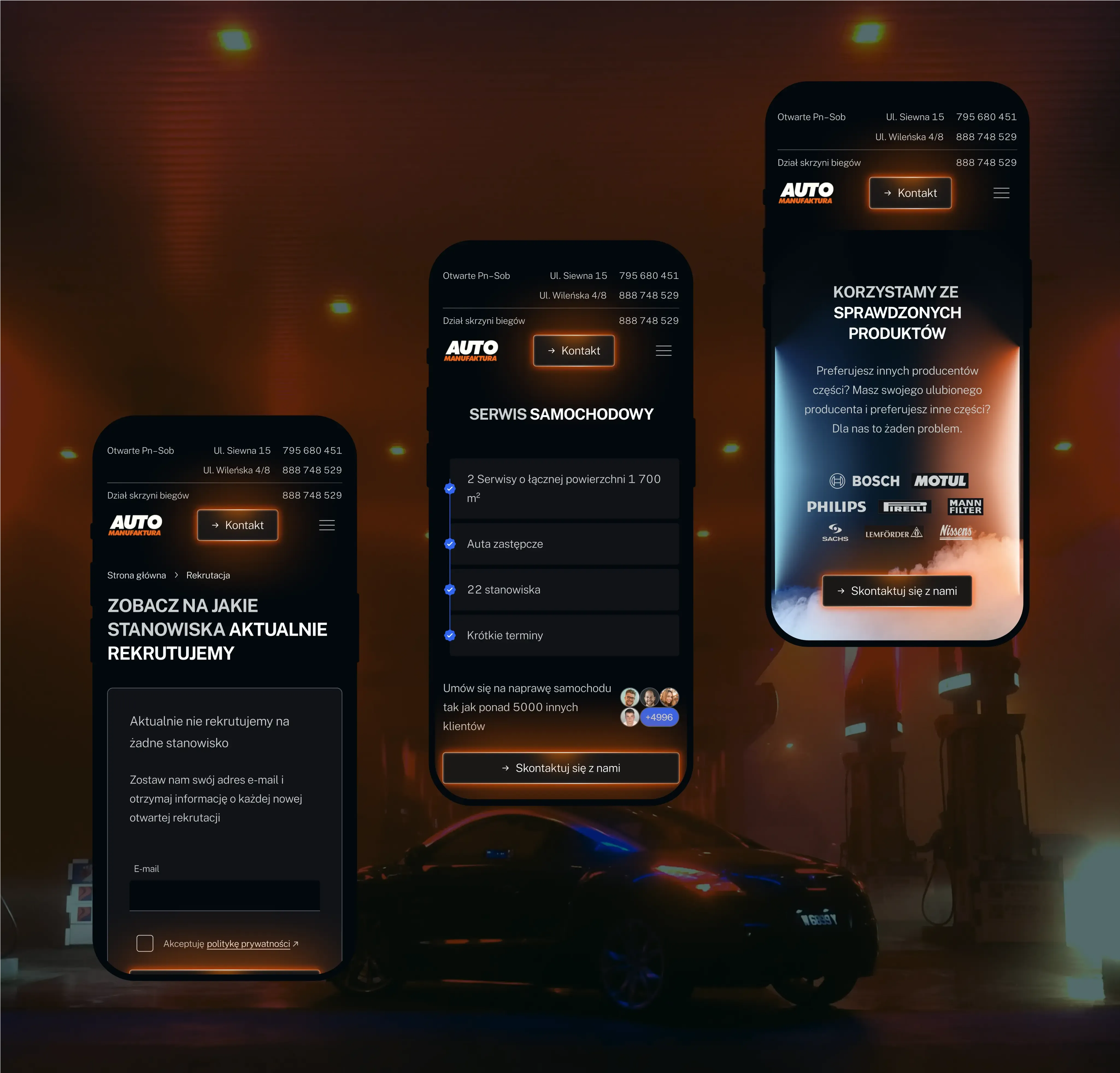 Three smartphones on a dark backdrop display the mobile version of the Automanufaktura website.