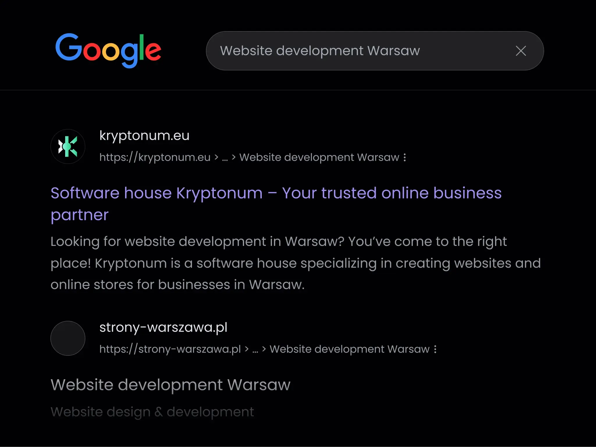 Dark-mode Google results page highlighting the “Software house Kryptonum” link.