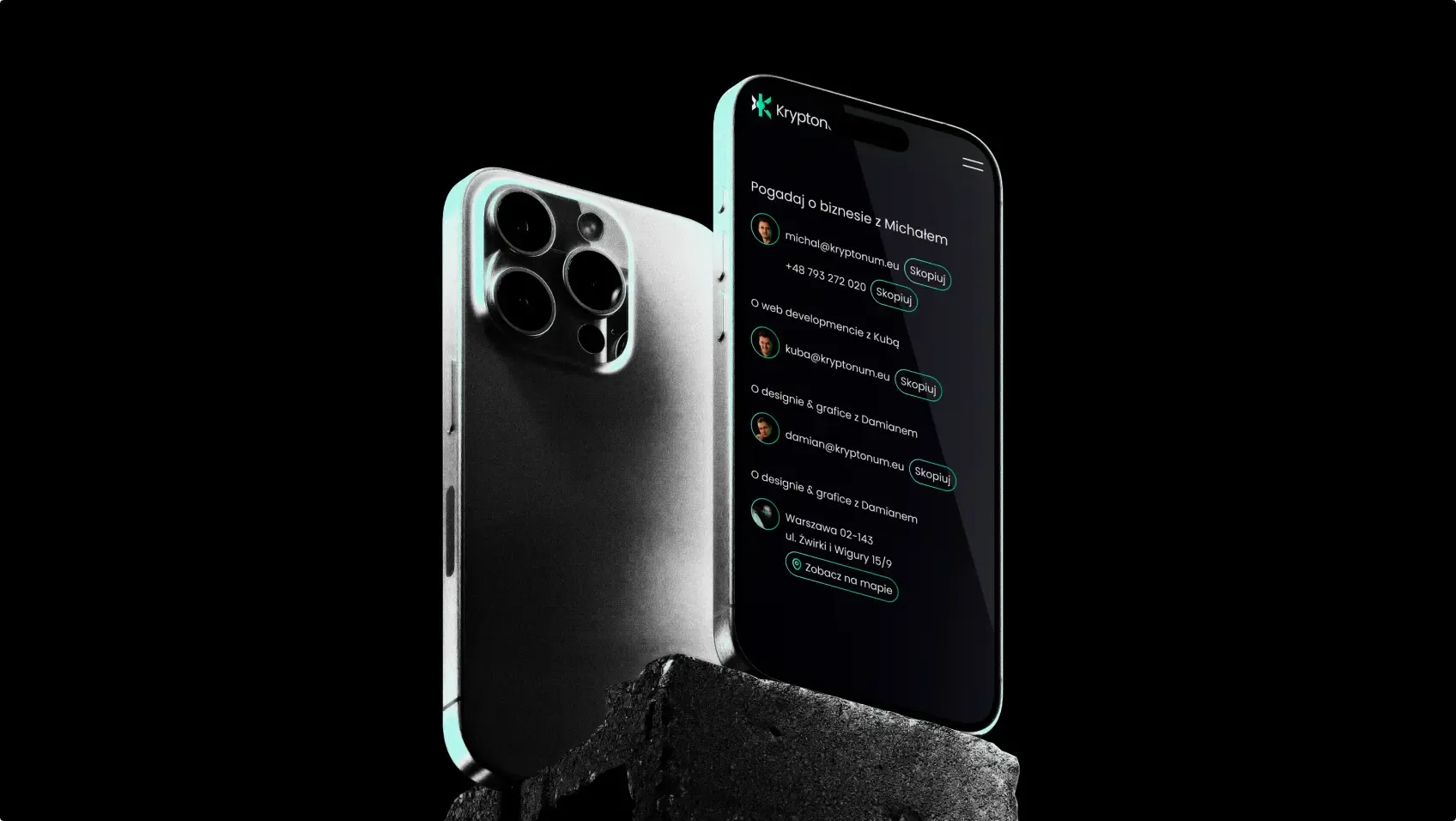 An iPhone on a plinth shows a dark sign-up form with green accents.