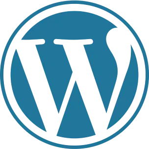 Niebieskie koło z literą „W” na ciemnym tle, logo Wordpress.