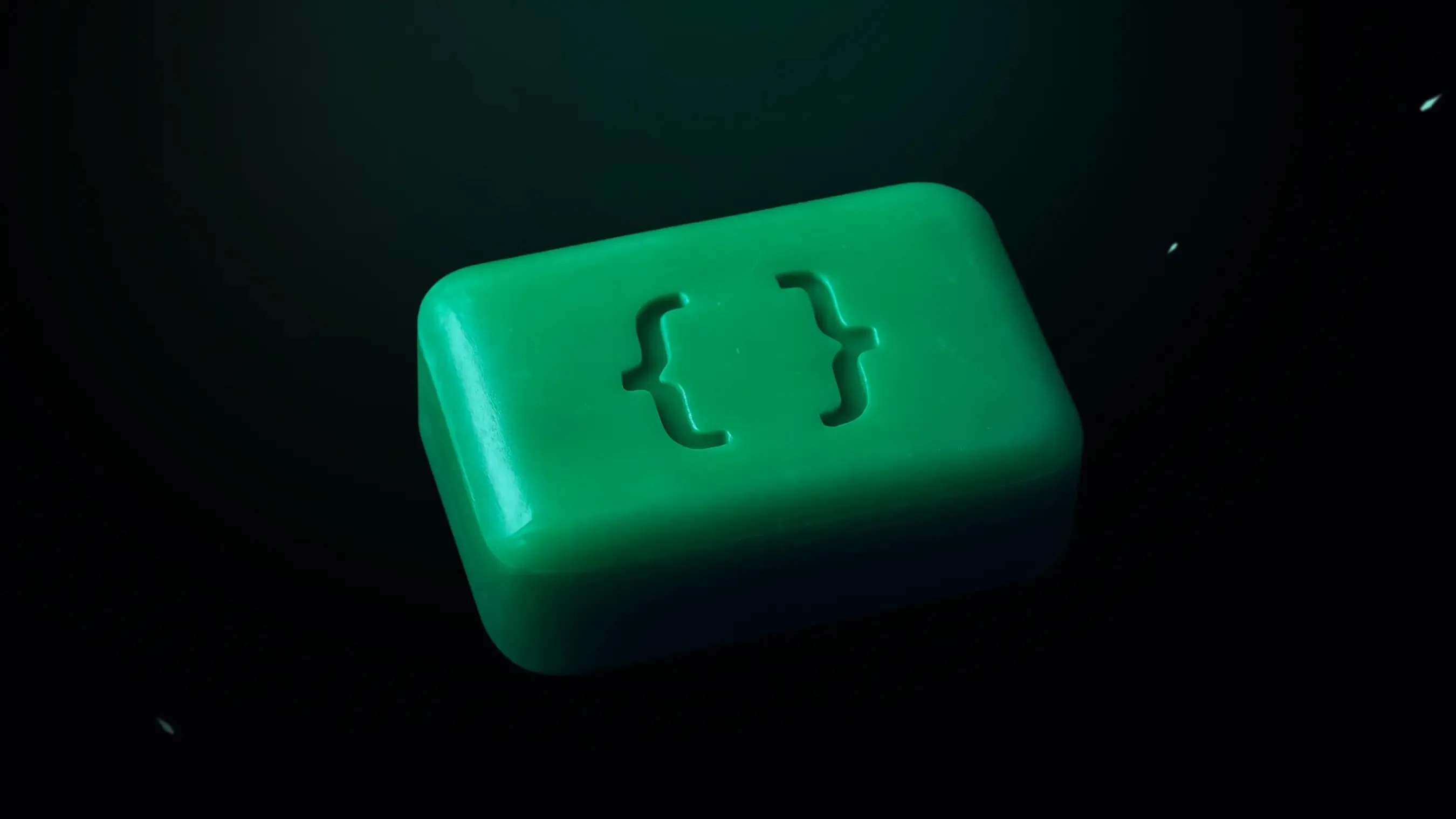 Green soap bar with curly braces embossed on the surface.