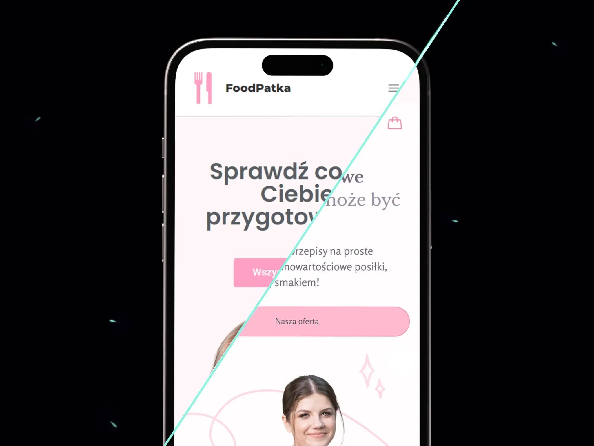 A smartphone showcasing the FoodPatka brand rebranding created by the software house Kryptonum.