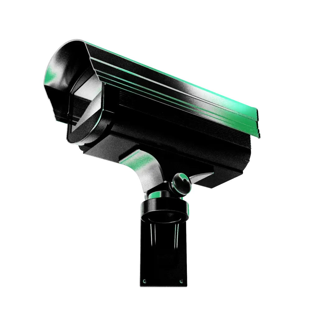 Modern industrial camera angled downward, metallic finish with a green accent light.