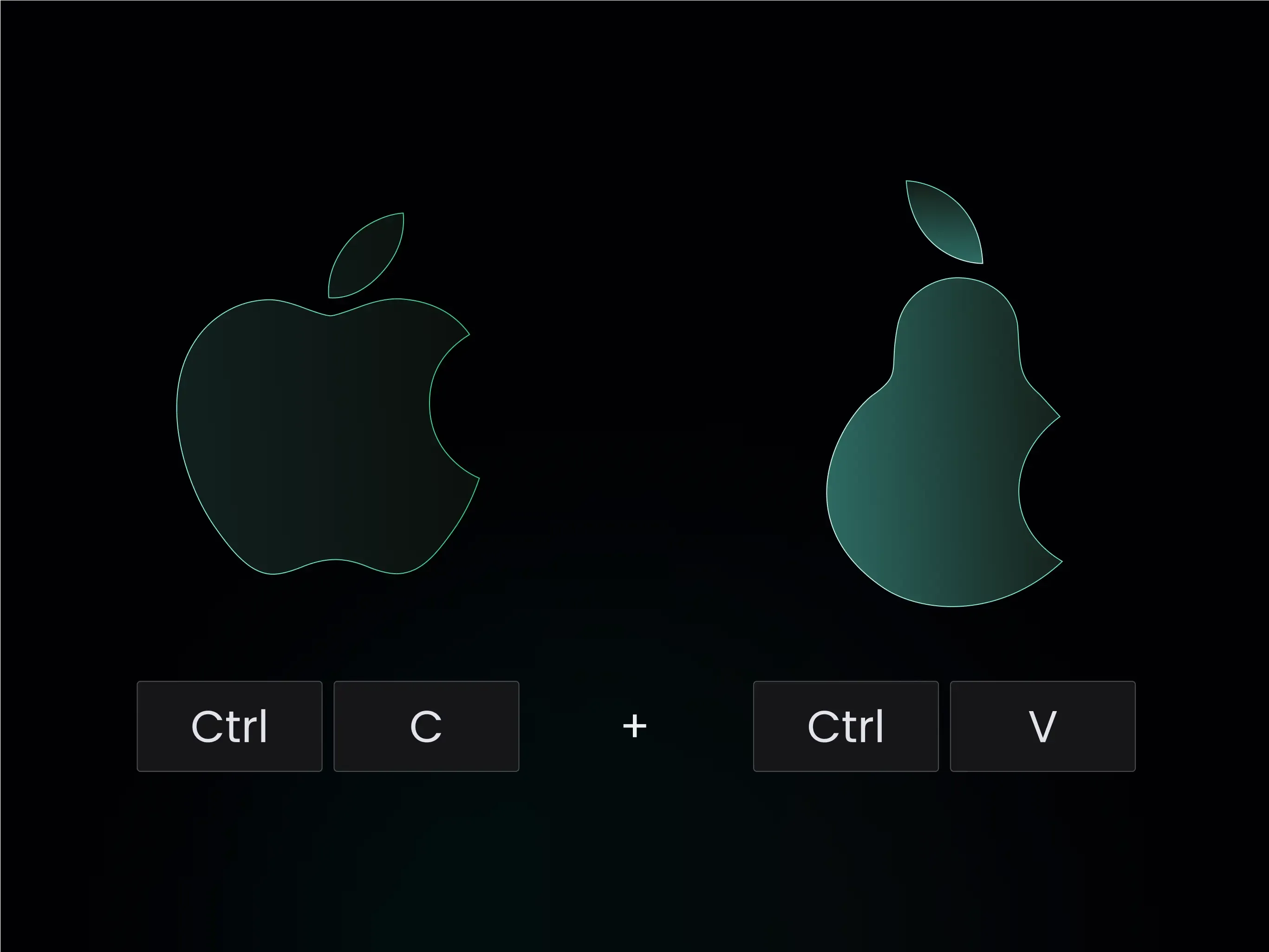 Dwie sylwetki owoców, zielone jabłko i gruszka zestawione z klawiszami „Ctrl C + Ctrl V”, aluzja do kopiowania treści.