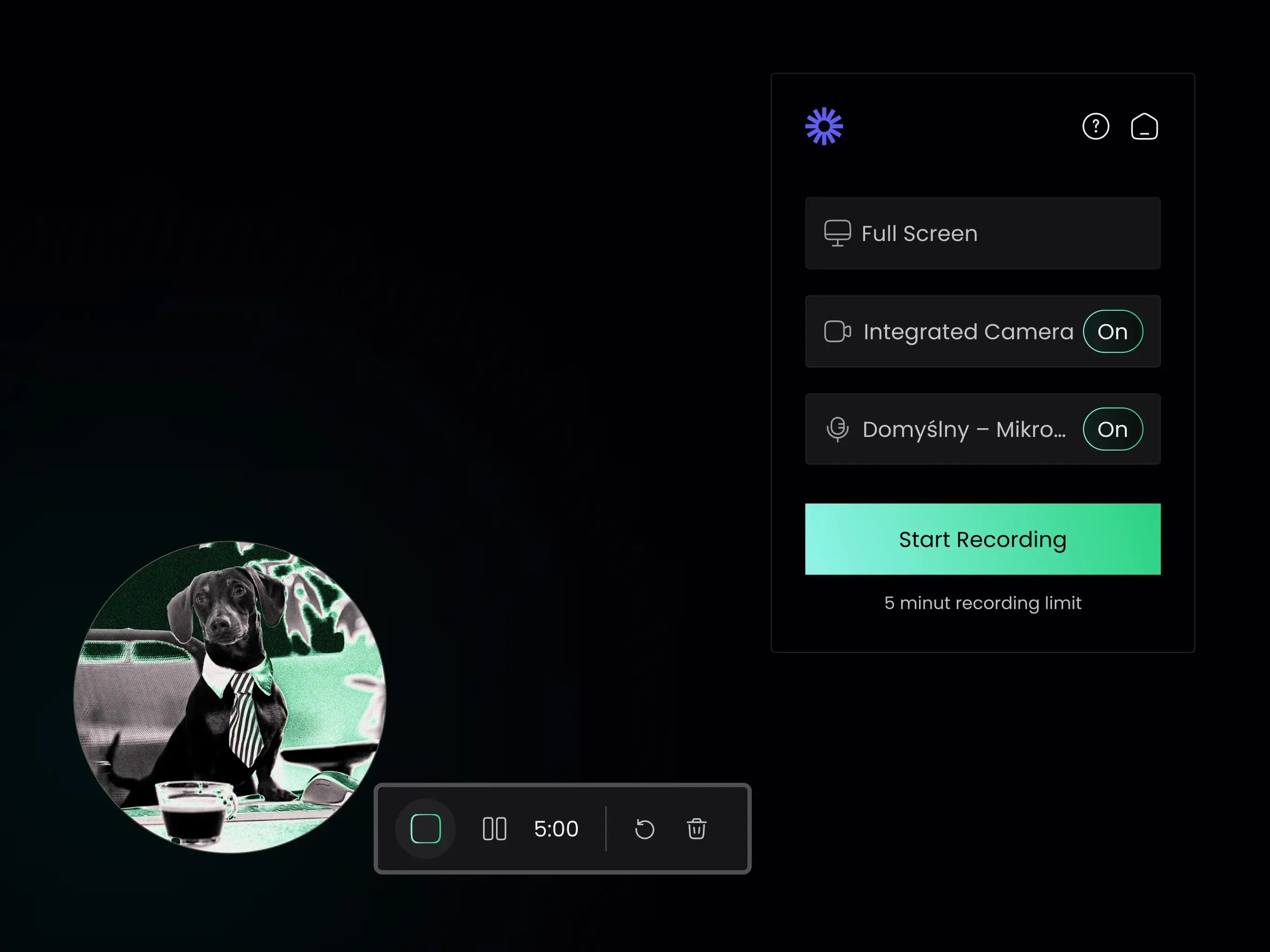 Dark Kryptonum interface with “Start recording” button and camera preview, Loom platform layout.