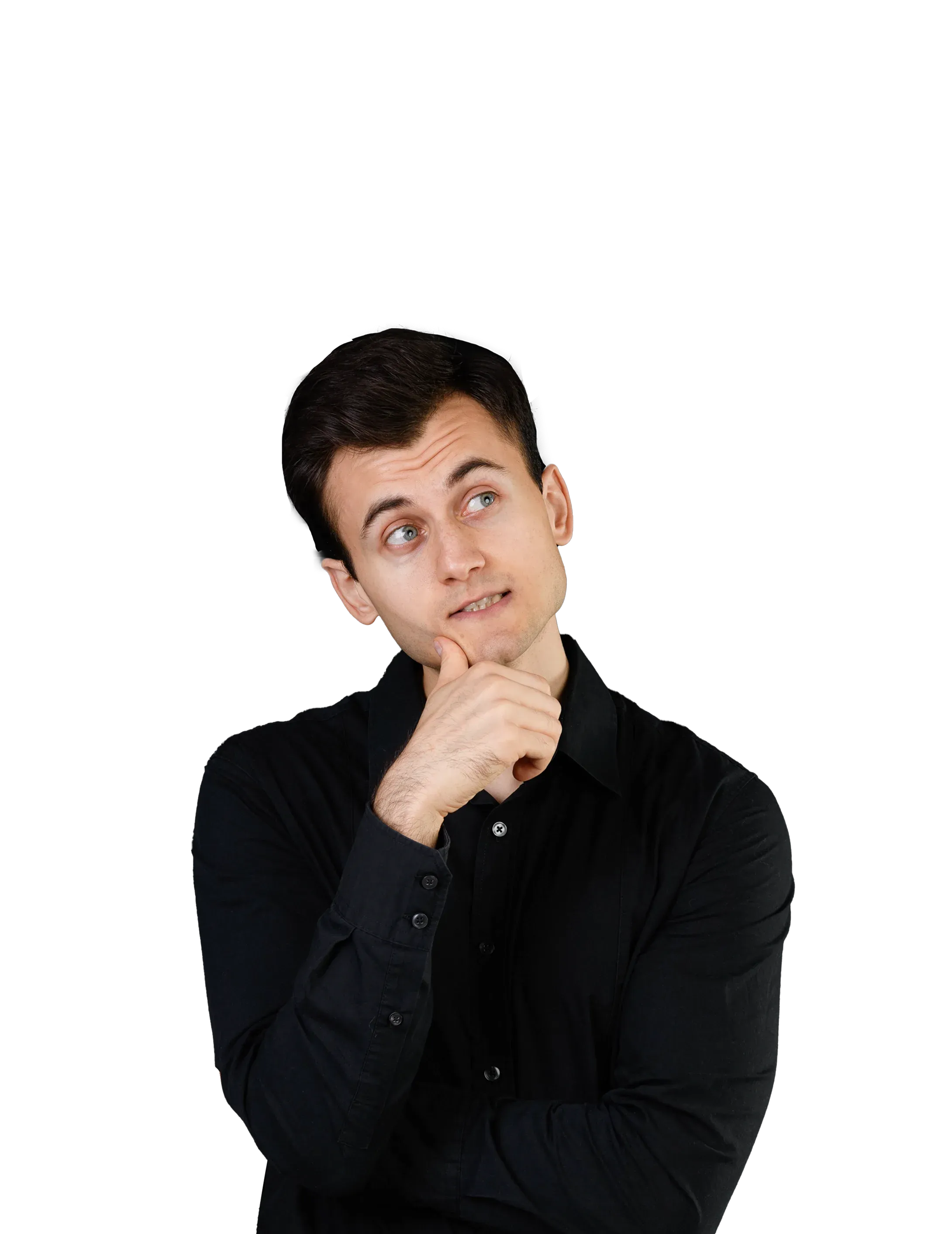 Kuba props his chin on his fist and looks upward thoughtfully, wearing a black shirt.