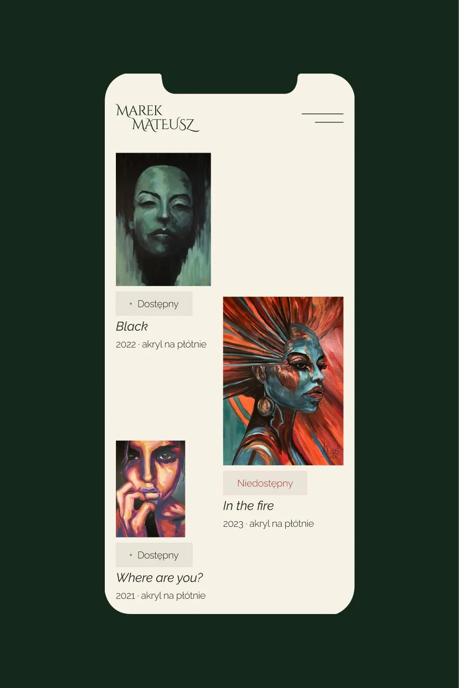 Smartphone on a green background displaying an online gallery of Marek Mateusz’s artworks.