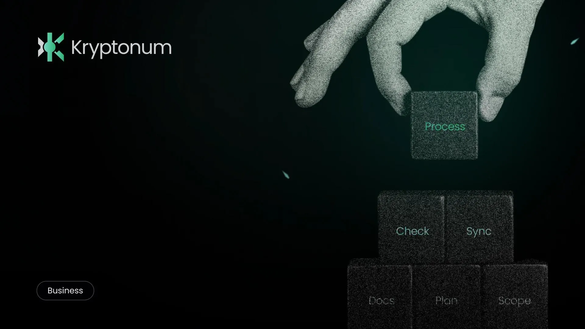 A hand drops blocks onto a stack; Kryptonum mark on the left.