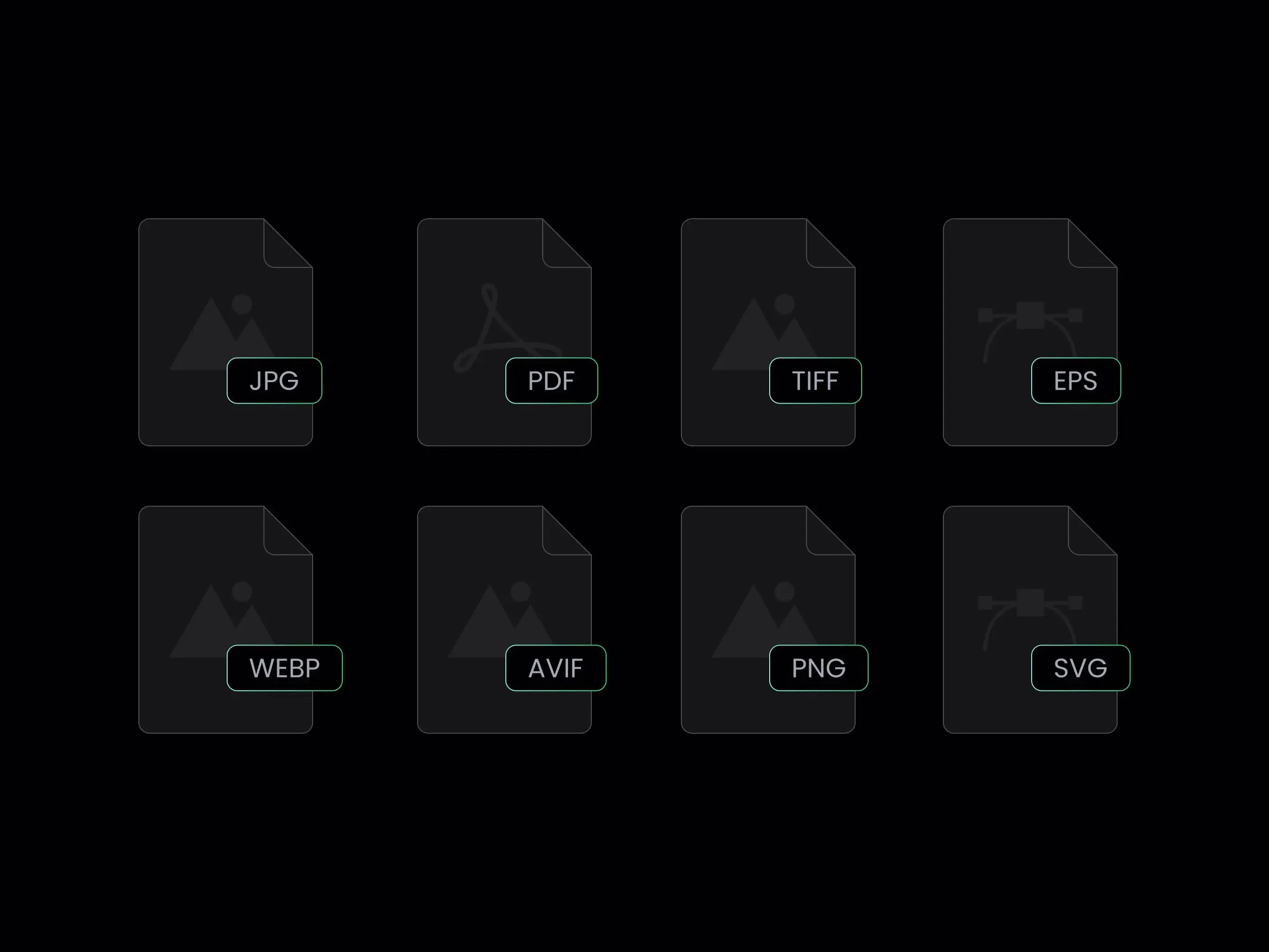 Ciemna plansza z miniaturami typów plików JPG, PDF, TIFF, EPS, WEBP, AVI, PNG i SVG ułożonych w siatce.