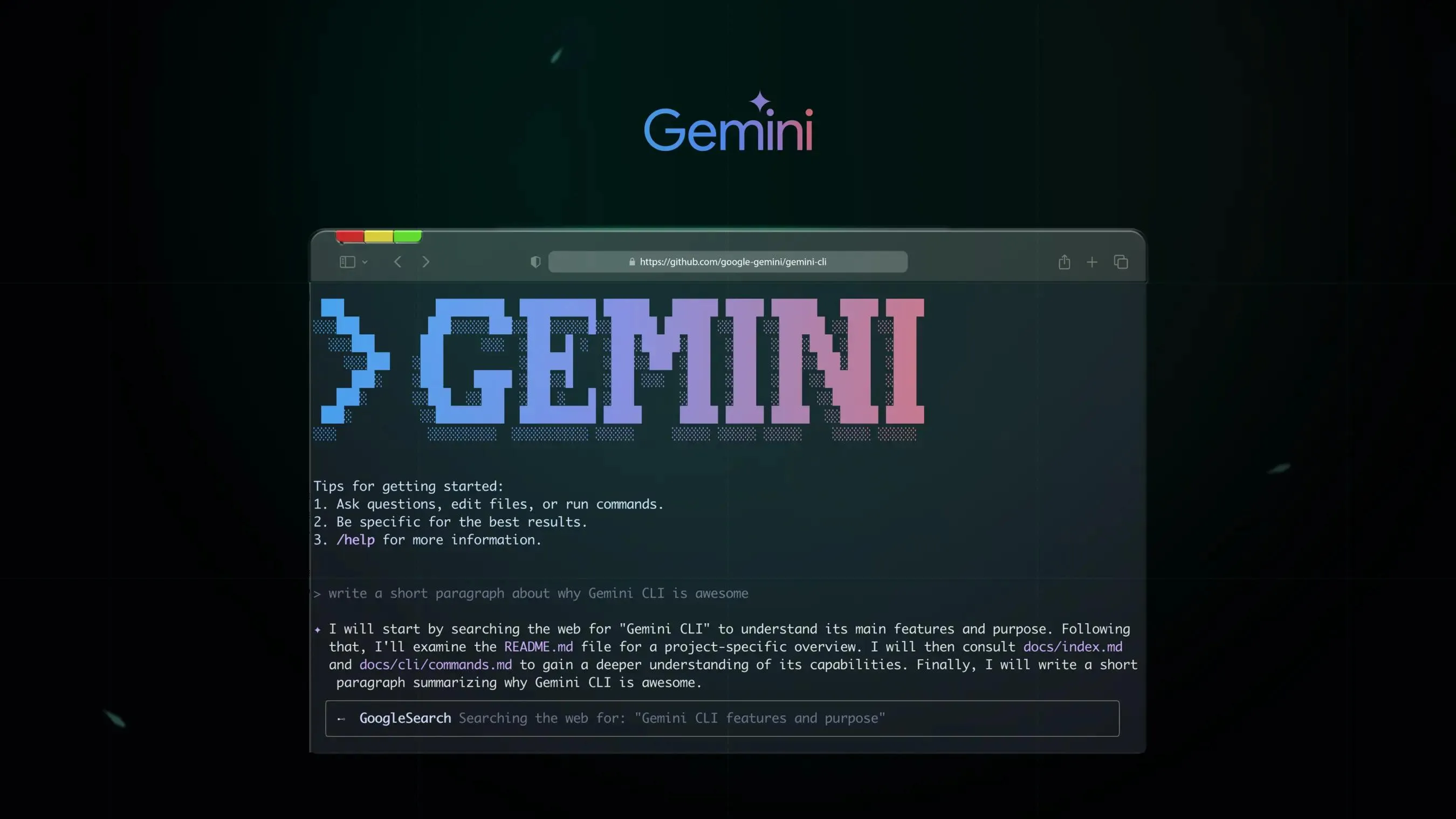 CLI screen with a large GEMINI title and tool description.